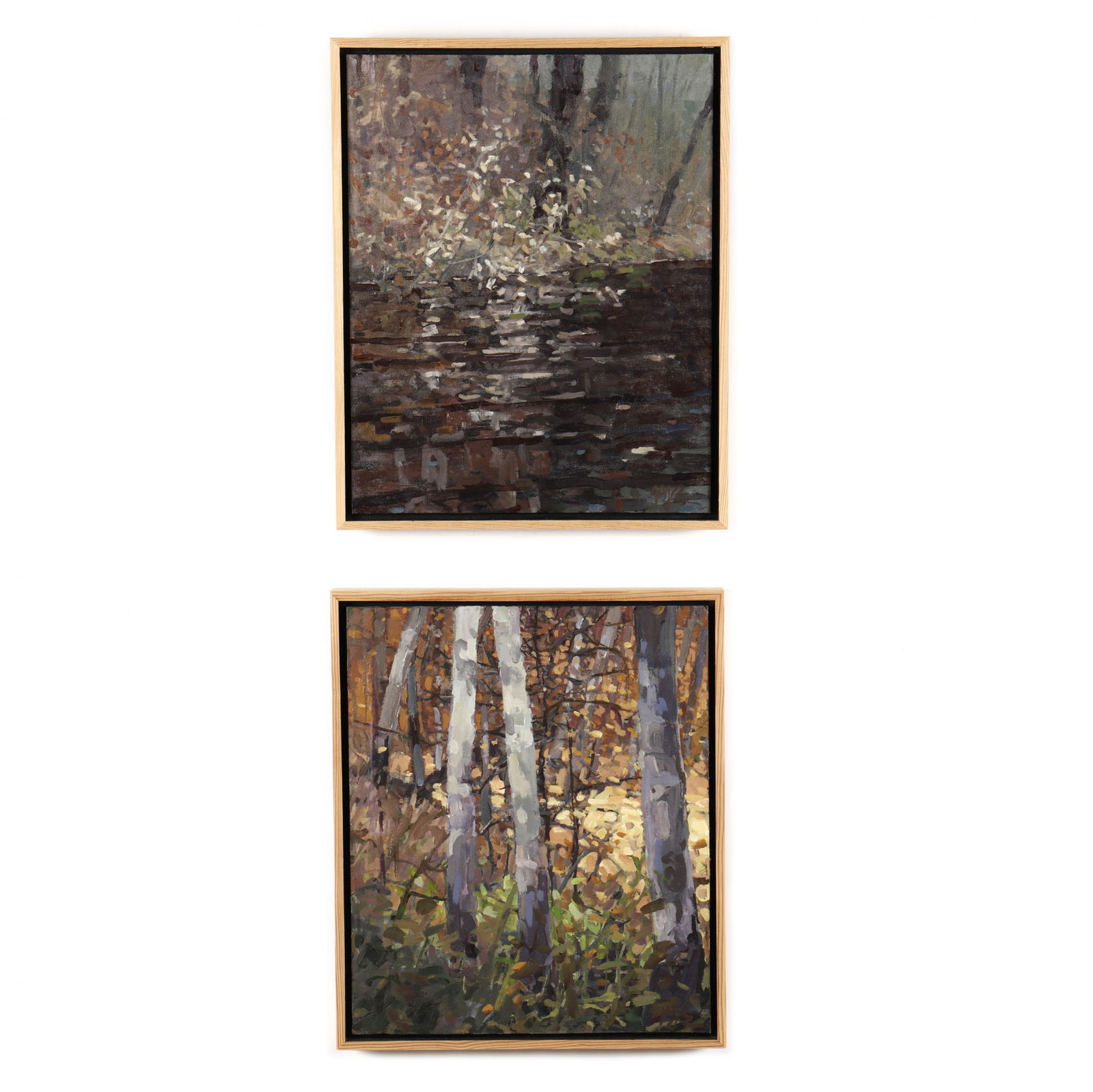 Michael Brown (NC), Two Forest Interiors: Michael Brown (NC), Two Forest Interiorsacrylic on panel, monogrammed at lower right, to include a painting titled Black Pool (titled to frame verso) and a painting of sycamore trees, presented in uni