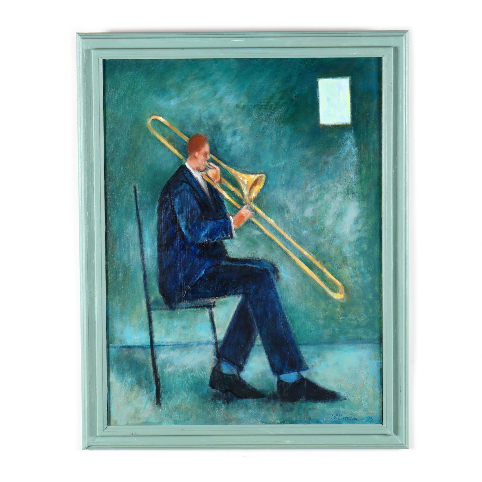 Warren Dennis (NC, born 1927), Green Trombonist: Warren Dennis (NC, born 1927), Green Trombonist oil on canvas, signed and dated 1993 at lower right and with label to verso, in painted wooden frame. Frame dimensions 27 x 21.25 in. Warren Dennis rece