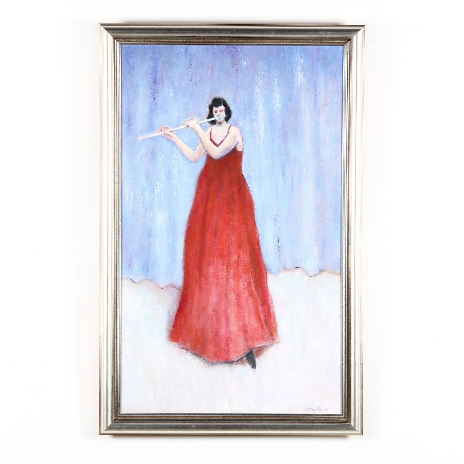 Warren Dennis (NC, born 1927), Flutist: Warren Dennis (NC, born 1927), Flutist acrylic on canvas, 2002, signed and dated at lower right, presented in silvertone wooden frame. Frame dimensions 43.75 x 28.25 in. Warren Dennis received his MFA