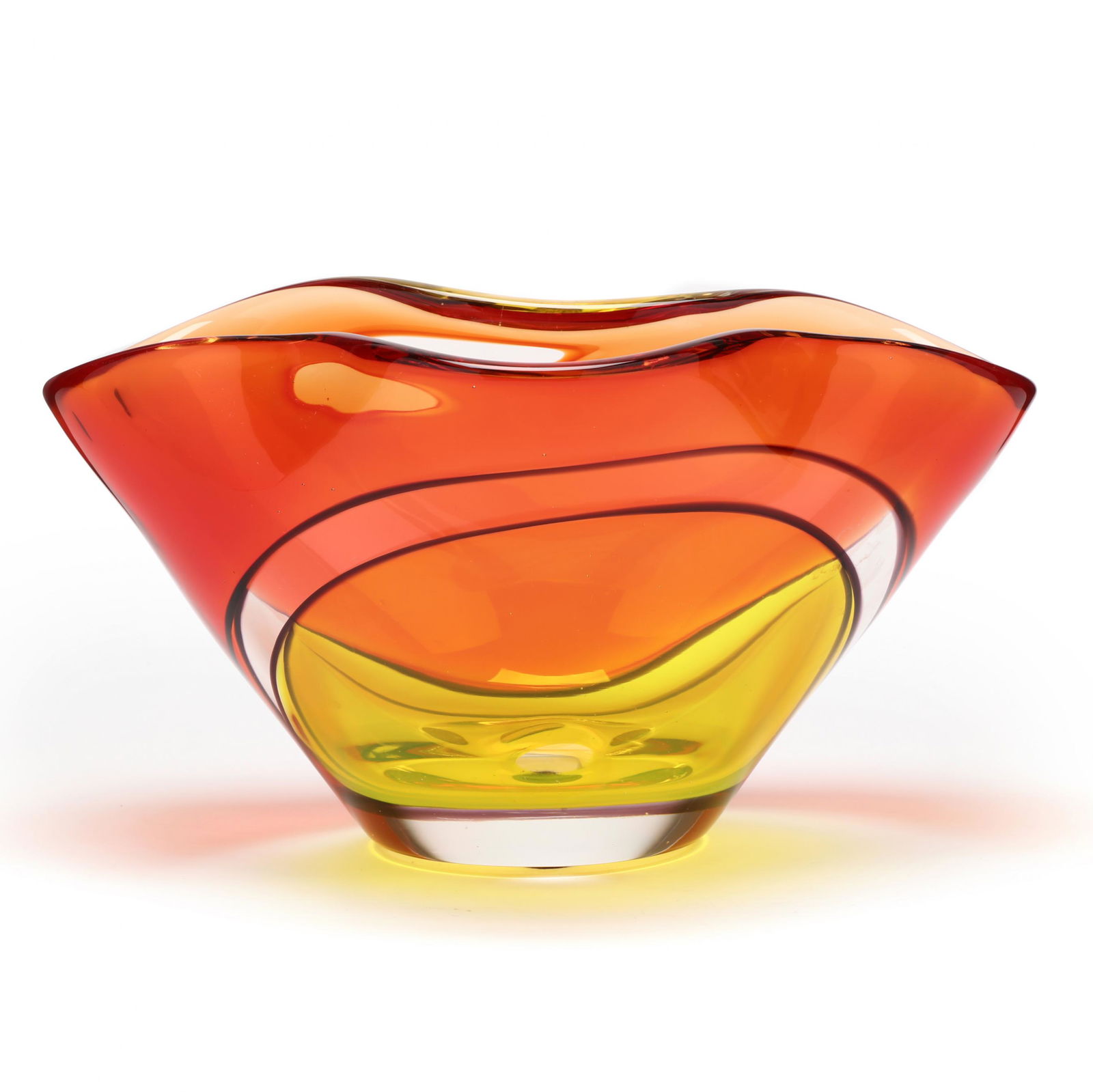 Archimede Seguso (Italy, 1909-1999) Art Glass Bowl for: Archimede Seguso (Italy, 1909-1999) Art Glass Bowl for Tiffanycontemporary, Murano, thick blown cased glass in a fiery red and yellow with amethyst ring designs, polished foot with etched signature an