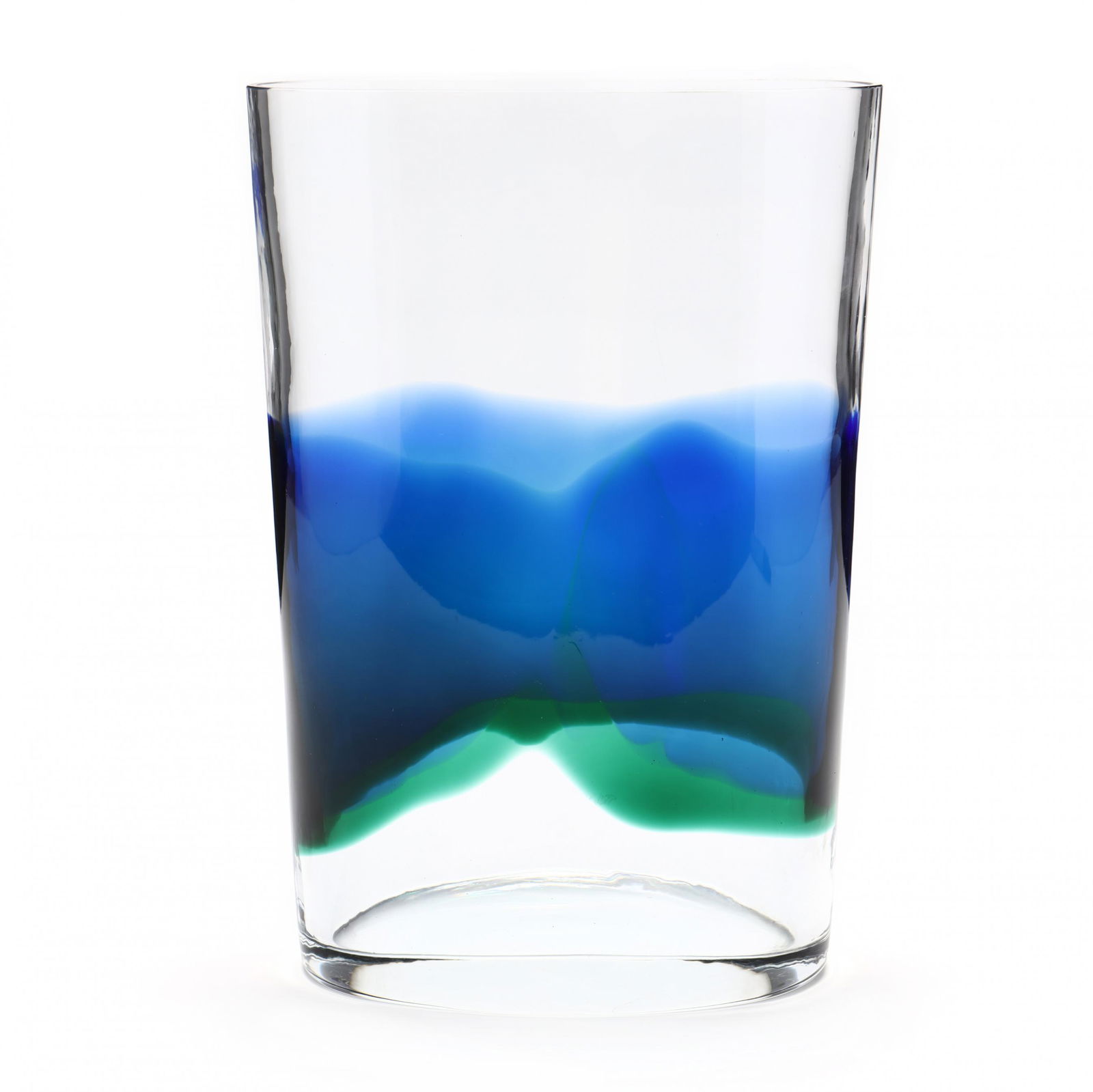 Carlo Moretti (Italy, 1934-2008), Art Glass Vase: Carlo Moretti (Italy, 1934-2008), Art Glass Vase20th Century, Murano, Italy, clear glass oval form, with centered blue and green liquid blown design, signed to lower vase body. 10.25 in. Private Colle