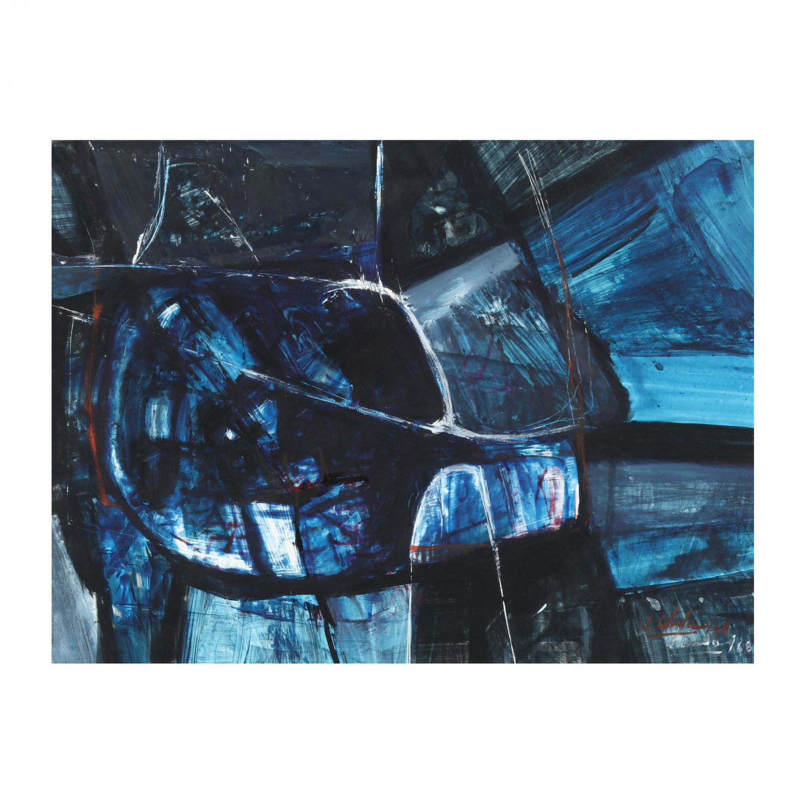 Jorge Unda (Ecuadorian, 20th century), Midcentury: Jorge Unda (Ecuadorian, 20th century), Midcentury Abstract in Blue mixed media on paper, 1968, matted and framed behind glass. 18 1/4 x 23 1/8 in. From the Collection of the Author Caroline Taylor, Wa