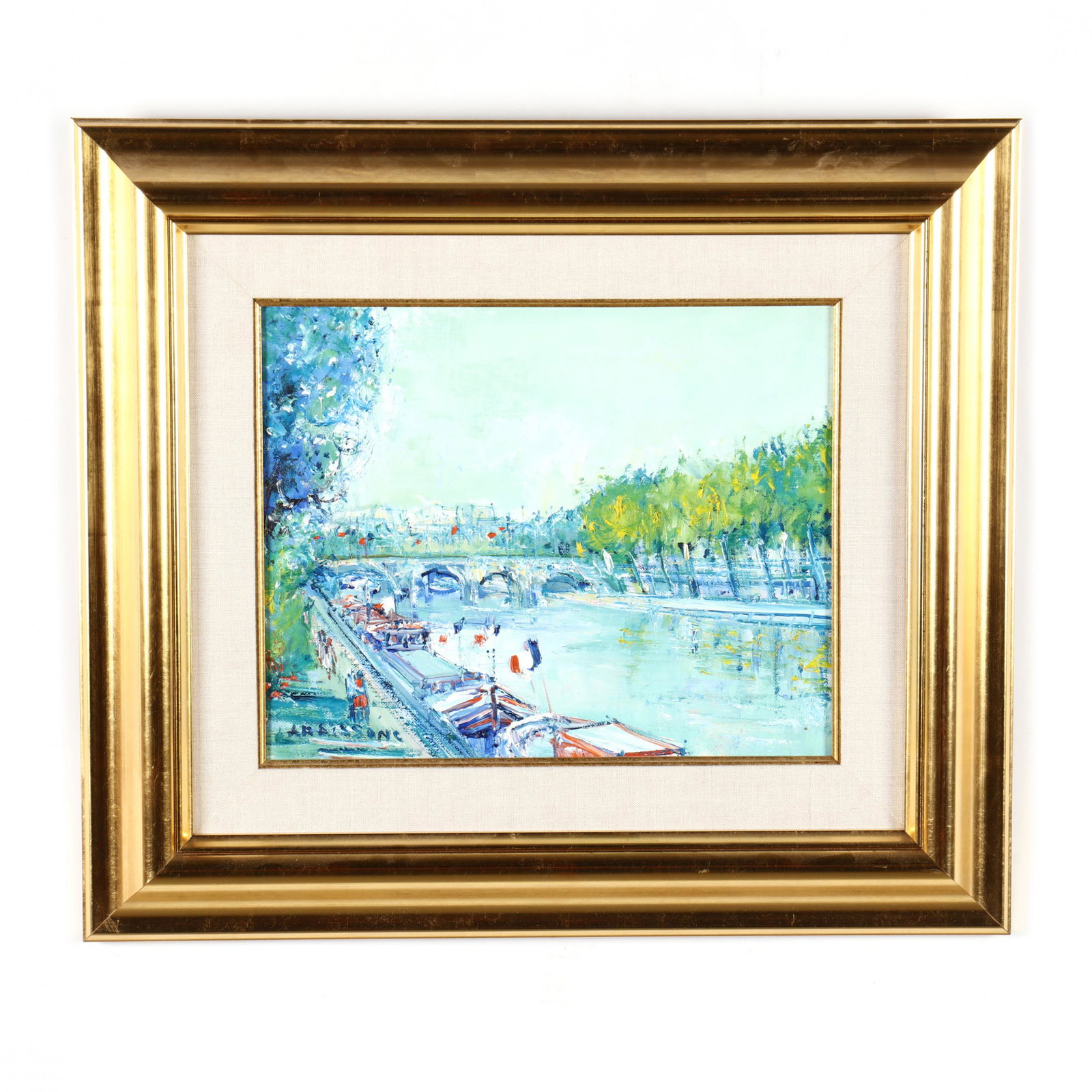 Yolande Ardissone (French, b. 1927), PÃ©niches a Paris: Yolande Ardissone (French, b. 1927), PÃ©niches a Paris oil on canvas, signed at lower left, titled on the verso, presented in a gilt frame with wide linen liner. Stretcher size 13 x 16 1/4 in.; Fram