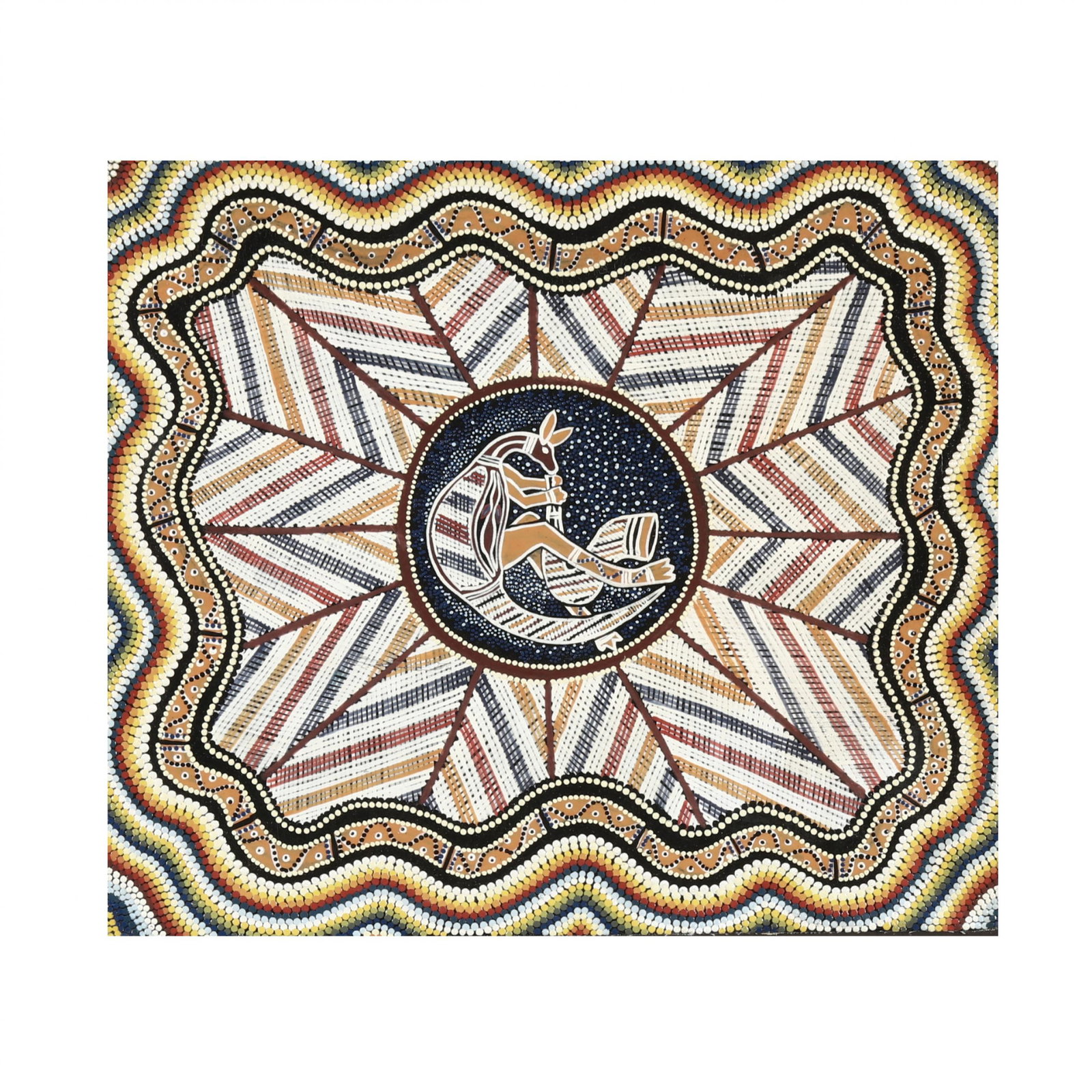 Aboriginal Dot Painting with Kangaroo: Aboriginal Dot Painting with Kangaroo oil on canvas, unsigned, float mounted behind glass in a carved frame. Frame dimensions 26 1/4 x 33 1/2 in.; Sight size 13 1/2 x 15 in. Additional high-resolution