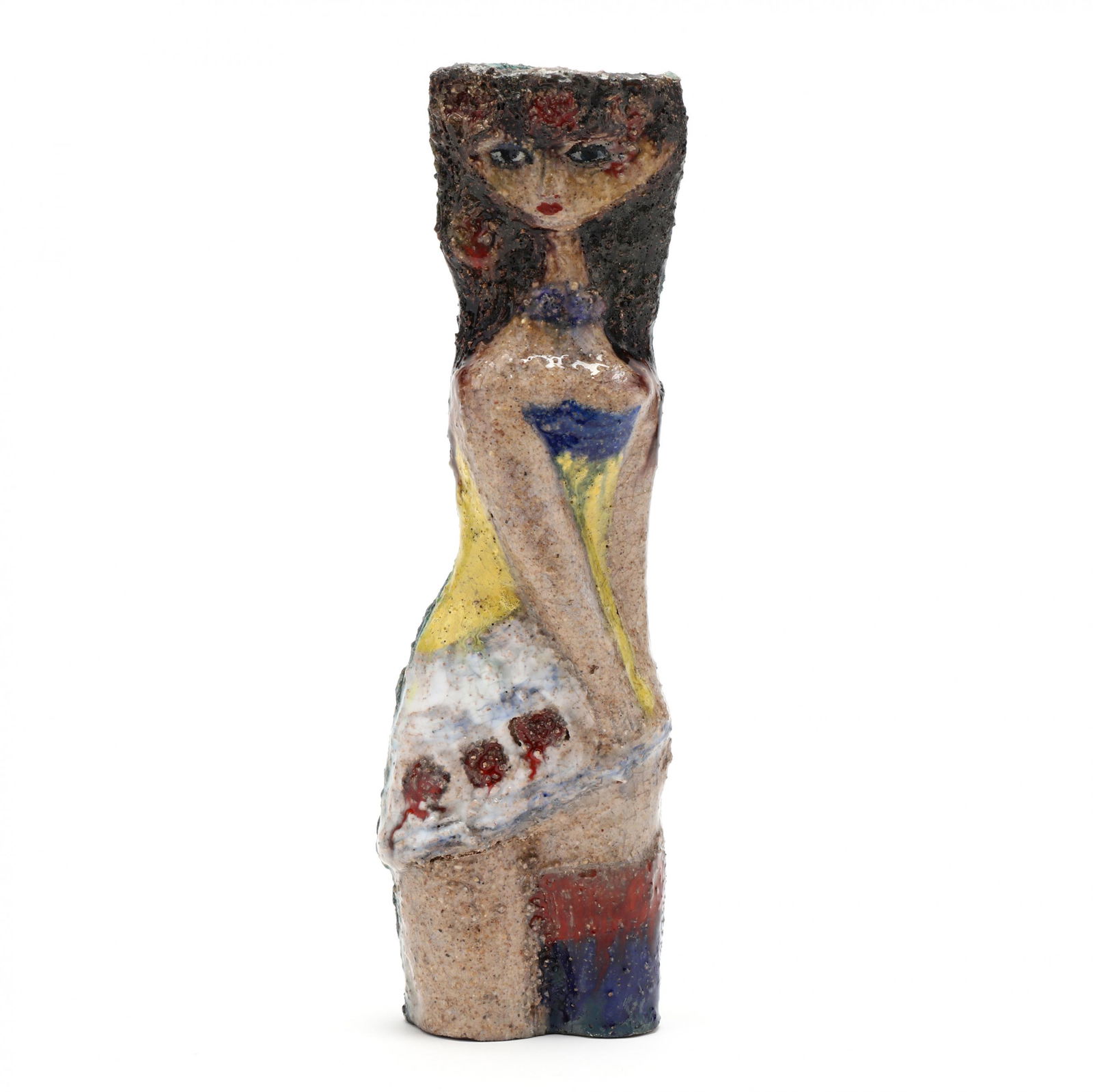 Marcello Fantoni (1915-2011), Sculptural Pottery Vase: Marcello Fantoni (1915-2011), Sculptural Pottery Vase1950s, for Raymor, hand crafted pottery with textured surface and painted multi-color glaze, signed. 11.5 in. Additional high-resolution photos ar