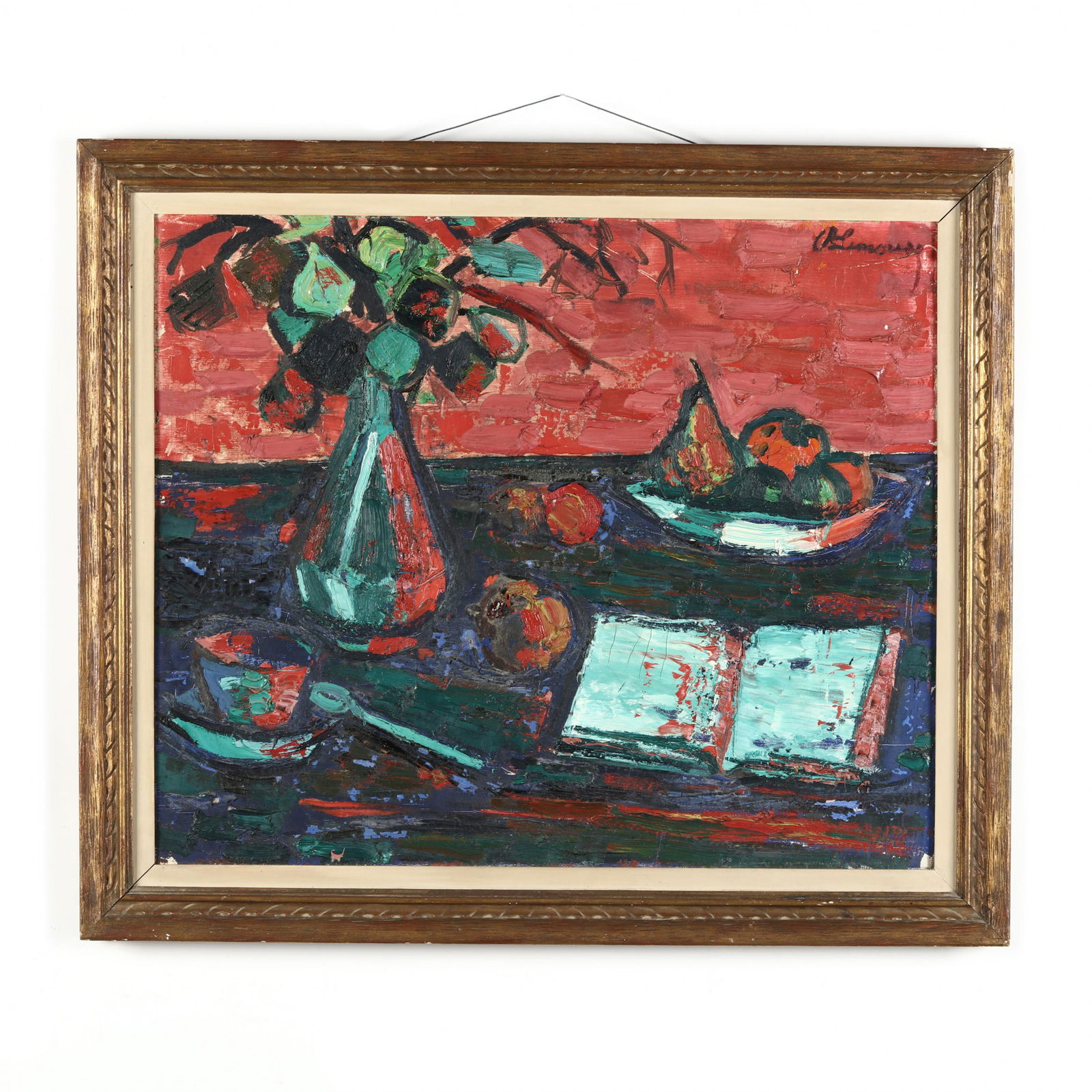 Fauvist Style Still Life: Fauvist Style Still Life mid 20th century, oil on linen, signed illegibly to upper right, completed in triadic palette of red, green, and blue, presented in a gilt frame. Stretcher size 21 1/4 x 25 1/