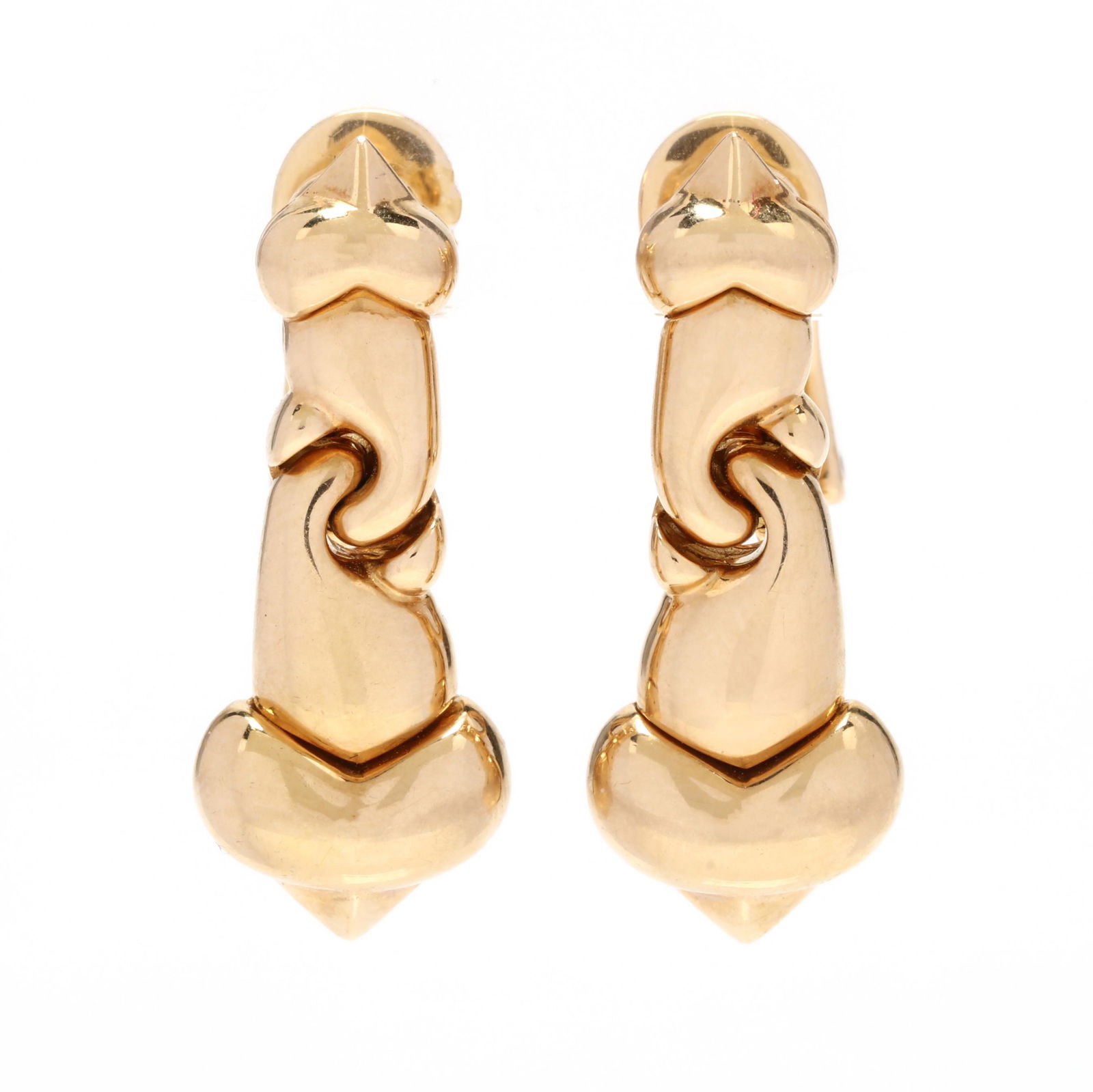 18KT Gold Drop Earrings, Bulgari: 18KT Gold Drop Earrings, Bulgariin an articulated lobed design with a heart form drop, completed with clip backs, stamped 750, with Italian assay mark 2337 AL for Bulgari and signed. 1 3/8 in. 13.2 dw