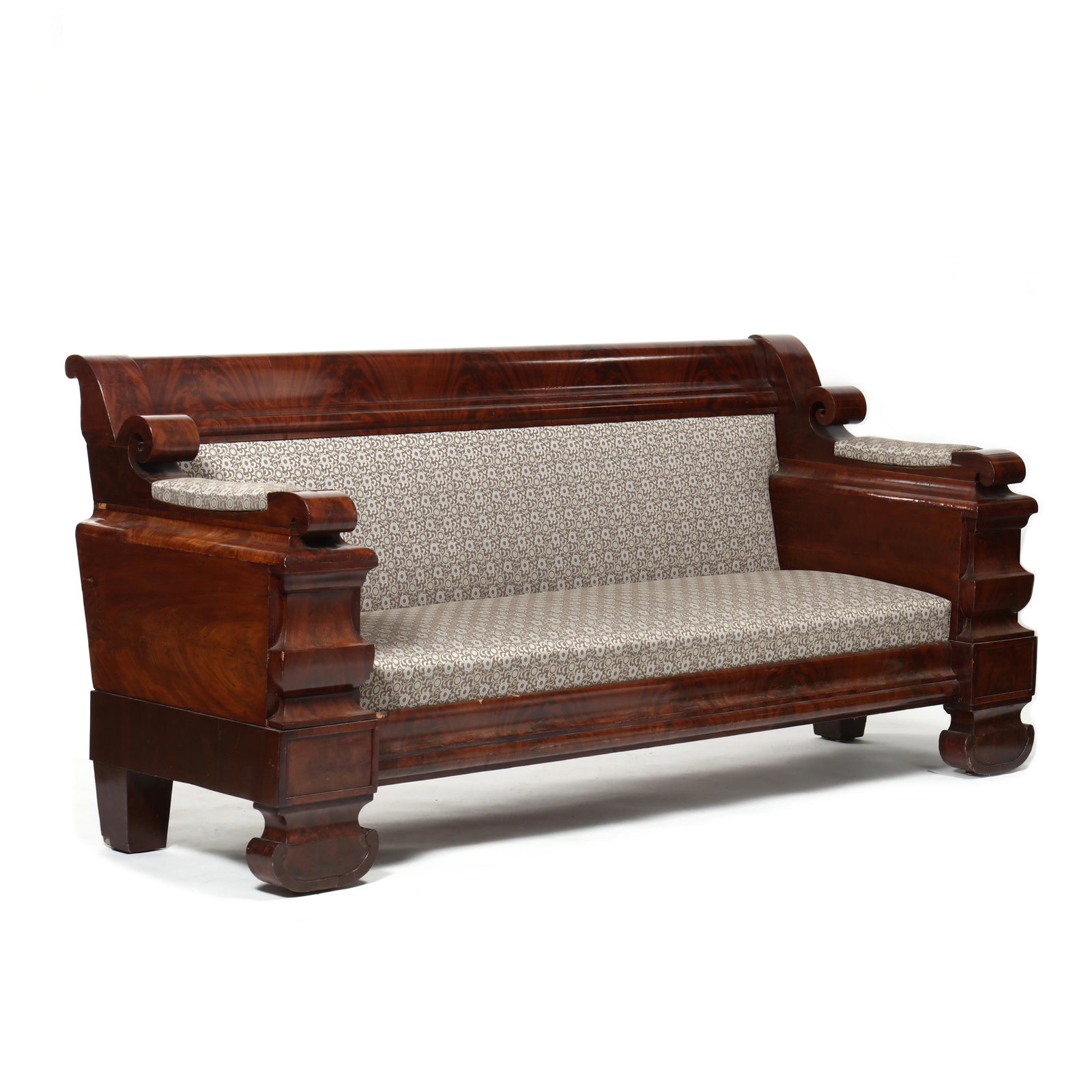 American Late Classical Mahogany Sofa: American Late Classical Mahogany Sofa circa 1830-40, flame mahogany veneers, white pine and poplar secondary, book-matched vertically veneered molded and scrolled crest rail, upholstered arm rest with