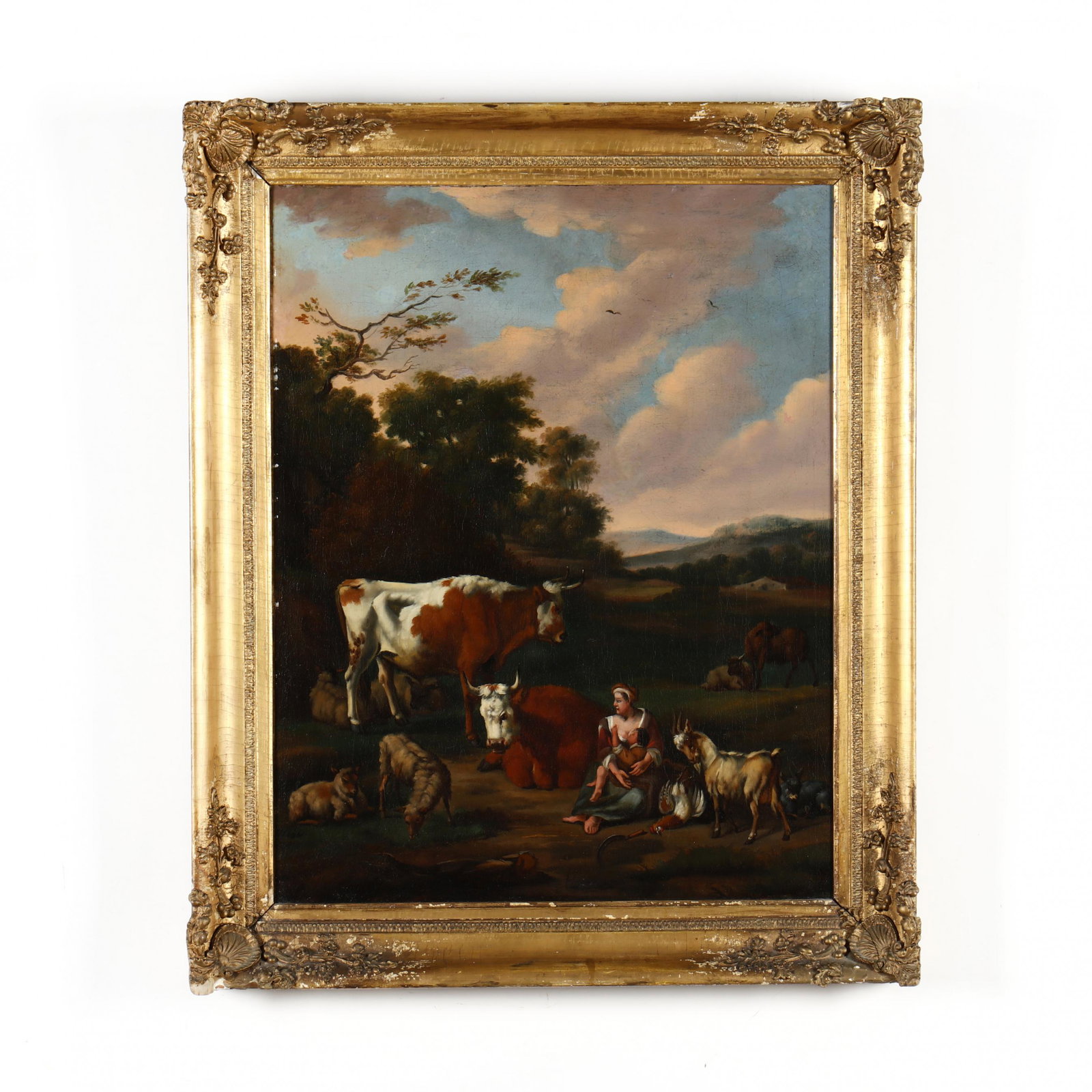 after Adriaen Van De Velde (1636-1672), Shepherdess and: after Adriaen Van De Velde (1636-1672), Shepherdess and Child with Flock oil on canvas (lined), circa 1700, faint indiscernible signature to lower middle, bearing later inscription to stretcher verso,