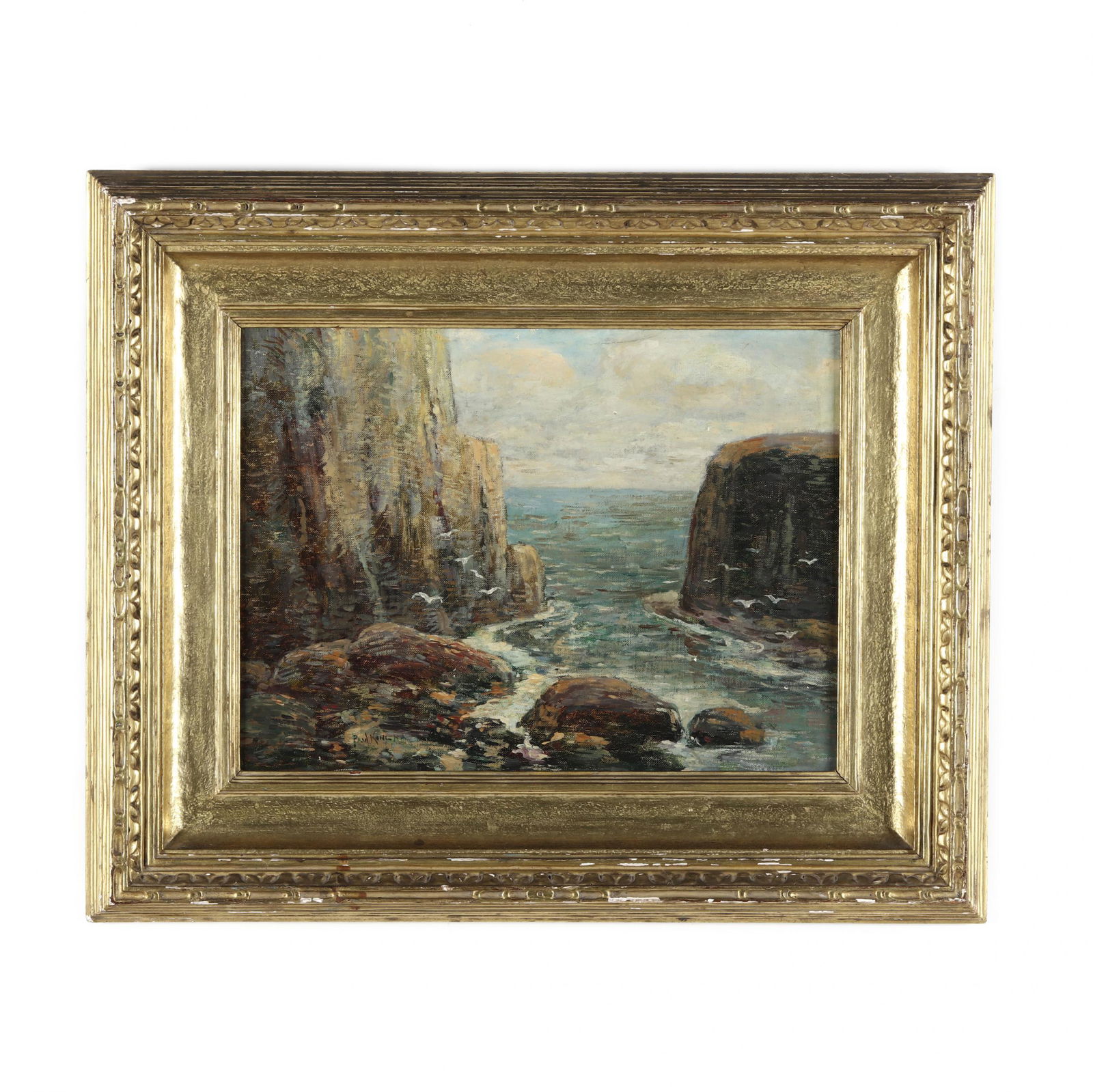Paul Bernard King (American, 1867-1947), Seascape: Paul Bernard King (American, 1867-1947), Seascapeoil on canvas board, signed "Paul King NA" at lower left, presented in a period gilt frame inscribed on the verso "Paul King / Lake Placid Club / Essex