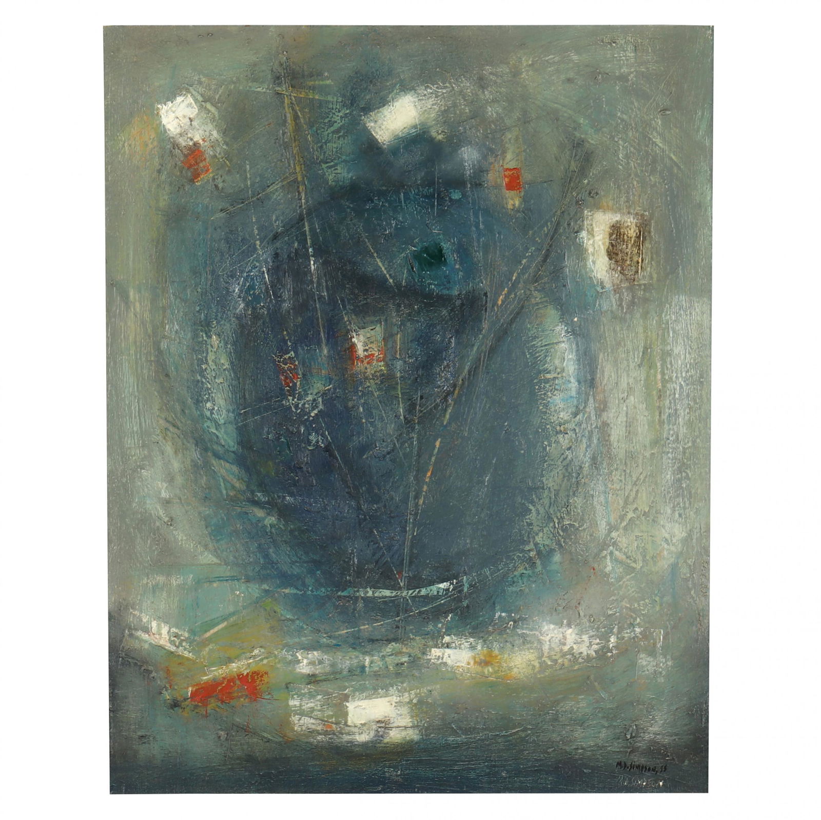 Merton D. Simpson (American, 1928-2013), Untitled: Merton D. Simpson (American, 1928-2013), Untitledoil on linen, signed twice and dated 1955 at lower right, inscribed and dated to verso, presented in a wood frame with linen liner and gilt fillet. Str