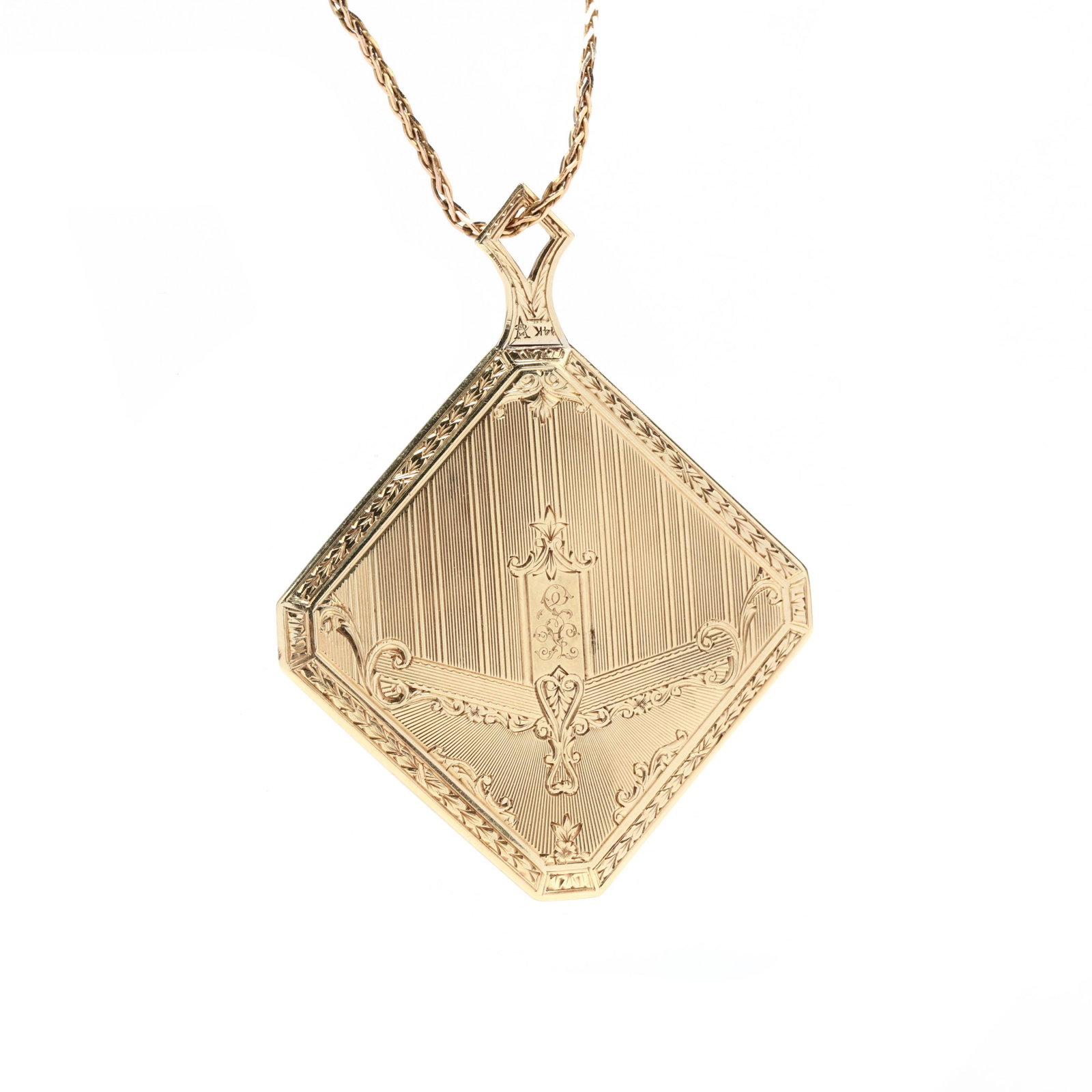14KT Gold Chain Necklace and 14KT Gold Mirror: 14KT Gold Chain Necklace and 14KT Gold Mirror the flat link chain completed with a spring ring clasp stamped 14KT and suspending a lady's antique pocket mirror with line and scroll engraved detailing 