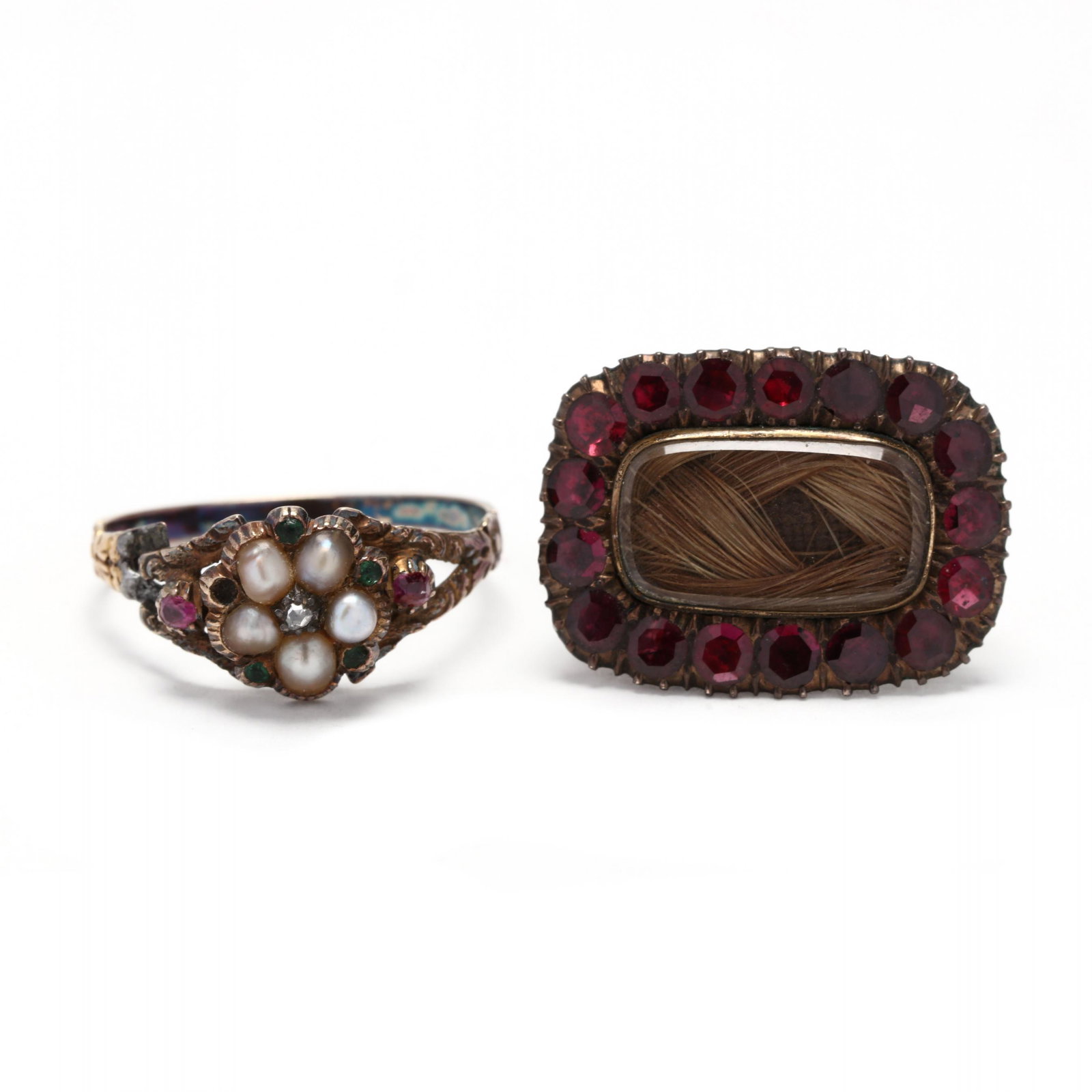 Two Antique Georgian Jewelry Items: Two Antique Georgian Jewelry Items to include: a mourning brooch, central aperture for memento surrounded by a halo of garnets, completed with a single pin stem, testing 10KT (7/8 5/8 in.); and a ring