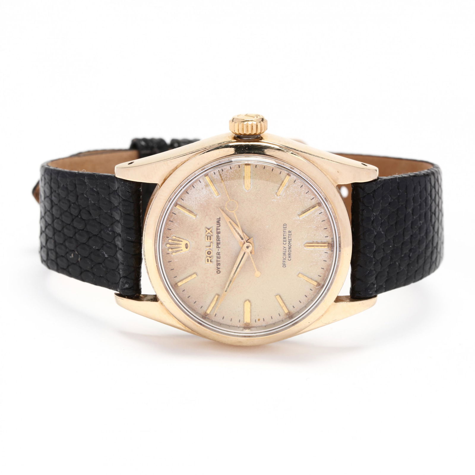 Gent's Vintage Gold Plated Oyster Perpetual Watch,: Gent's Vintage Gold Plated Oyster Perpetual Watch, Rolexcirca 1950s, self winding, serial #346705, reference # 6634, the gold plated case with cream dial, with baton hour markers and alpha hands, with