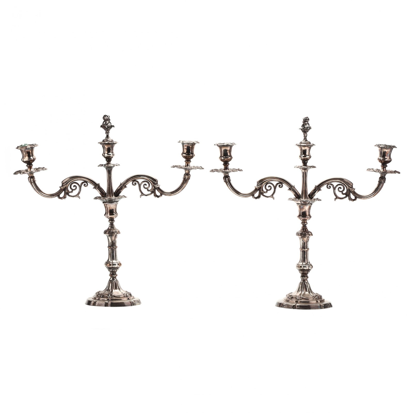 Pair of Rococo Style Silverplate Candlesticks: Pair of Rococo Style Silverplate Candlesticks 19th century, appears unmarked, likely English, convertible three light candelabra, with two scrolling arms, removeable bobeche and floral finial snuffer,