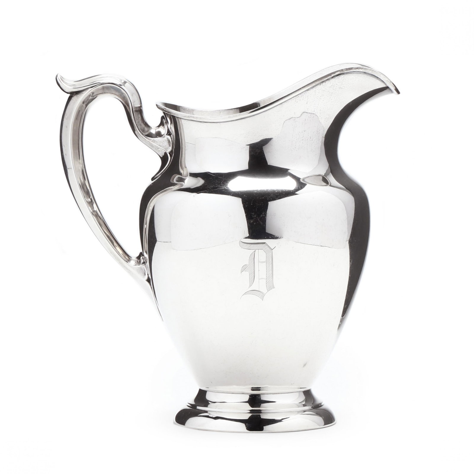 Gorham Sterling Silver Pitcher: Gorham Sterling Silver Pitcher model number 182, 4 1/2 pint capacity; "D" monogram. HOA 9 in. 20.95 troy oz. Private Collection, Chapel Hill, North Carolina Additional high-resolution photos are avail