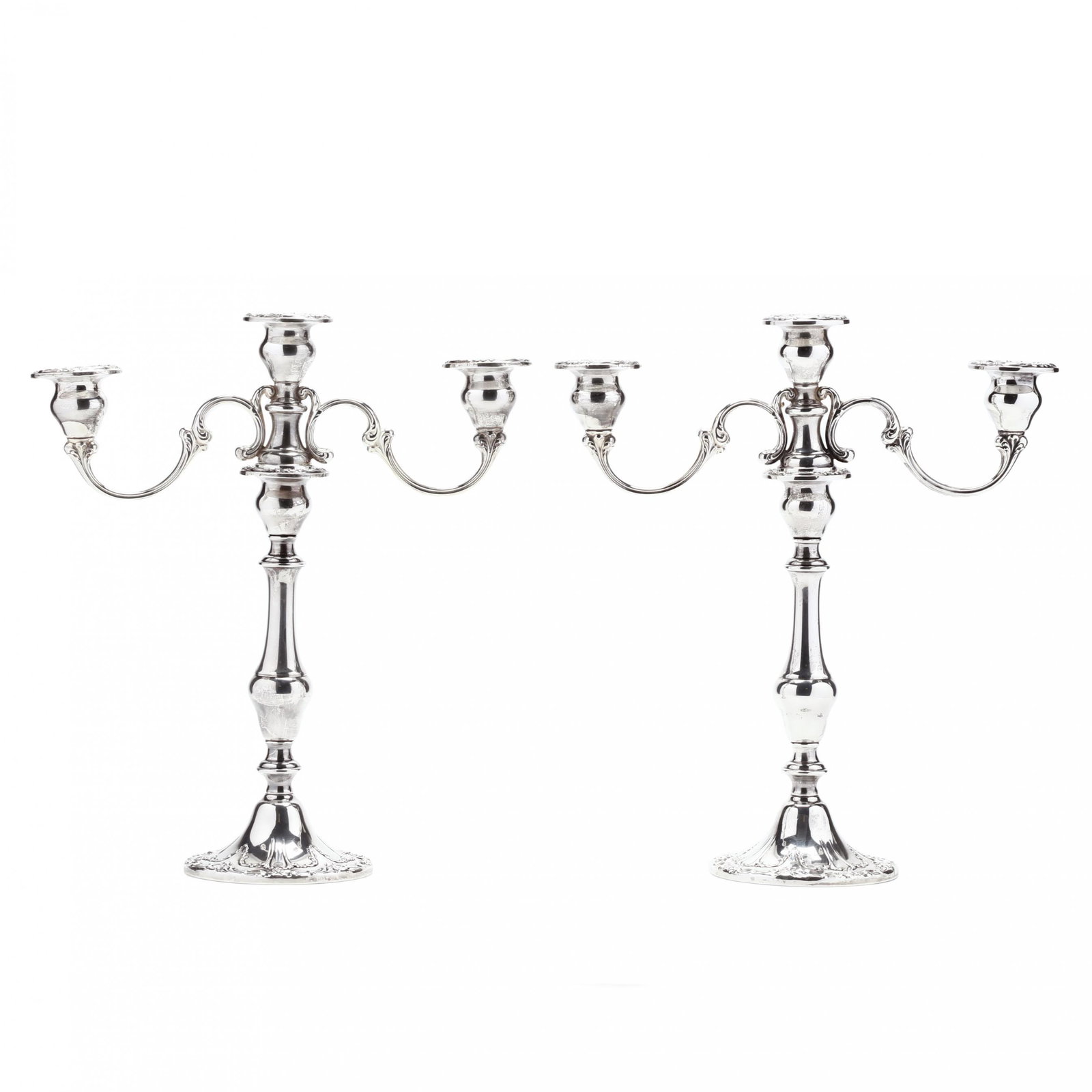A Pair of Gorham Chantilly Sterling Silver Candelabra: A Pair of Gorham Chantilly Sterling Silver Candelabra convertible three-light form, no monograms, model number 750. 13 in. Additional high-resolution photos are available at www.lelandlittle.com