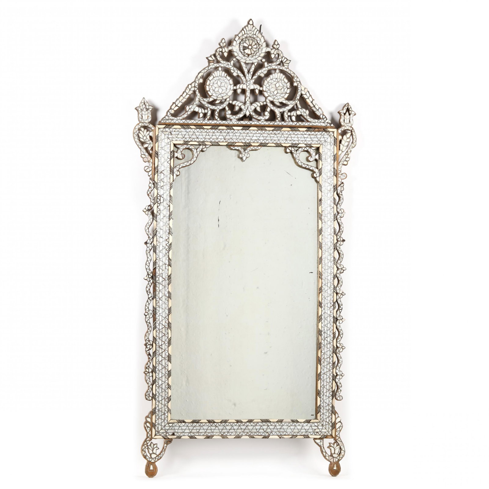 Antique Anglo Indian Mother of Pearl Inlaid Mirror: Antique Anglo Indian Mother of Pearl Inlaid Mirror late 19th century, reticulated wood frame with all-over mother of pearl, bone and white metal inlay surrounding a rectangular mirror with scroll and 
