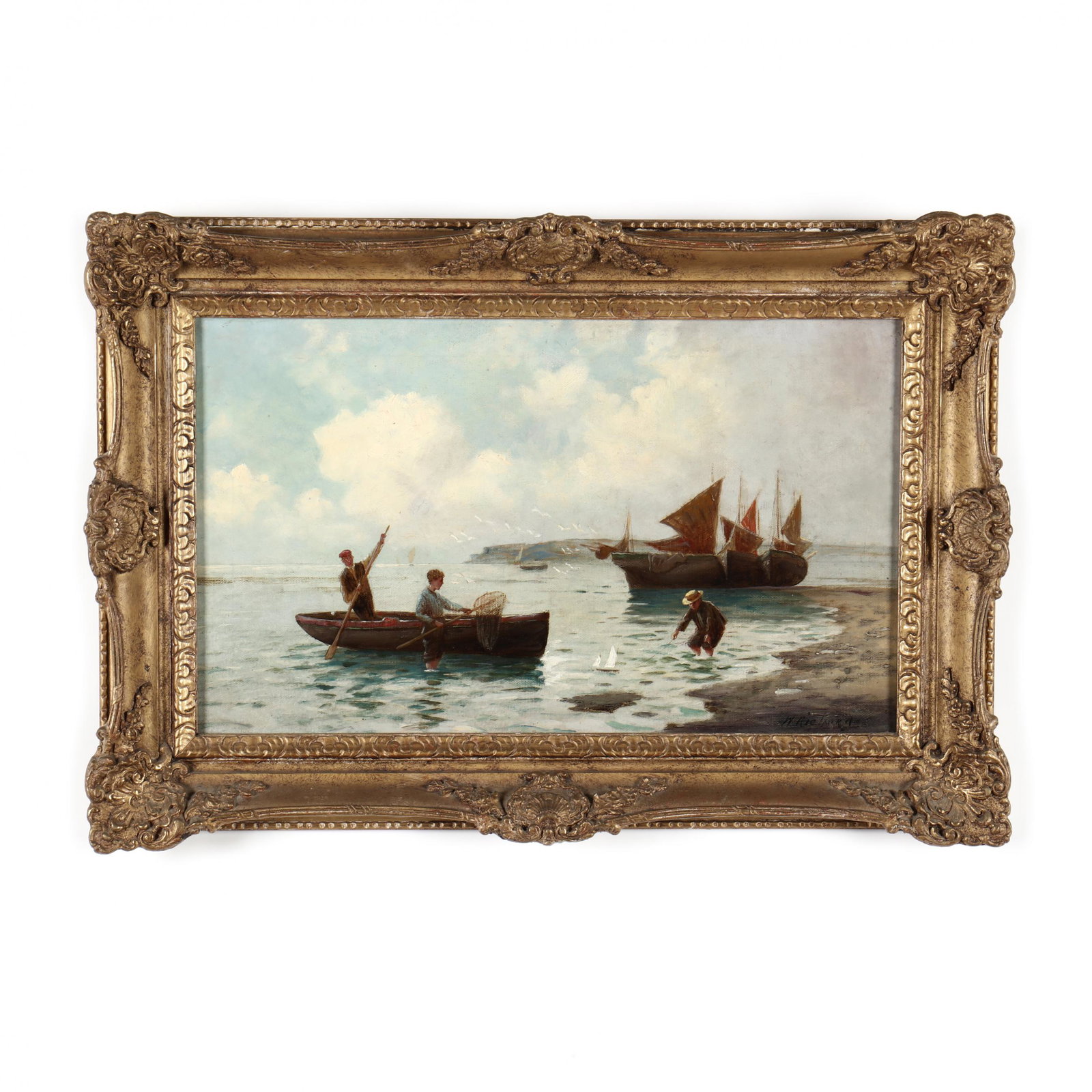 Francis E. Jamieson (British, 1895-1950), Young Boys by: Francis E. Jamieson (British, 1895-1950), Young Boys by the Seashoreoil on canvas, signed "W. Richards" at lower right, presented in an attractive period gilt frame with the retailer's stamp of Michae