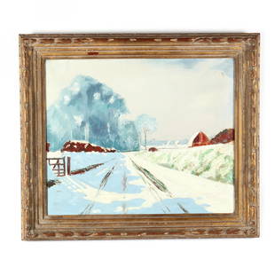 Karl Larsen (Danish, 1897-1977),  First Snow: Karl Larsen (Danish, 1897-1977), First Snowoil on canvas, unsigned, inscribed with title to verso, in period gilt frame. Stretcher size 24 x 29 1/8 in.; Frame dimensions 31 1/2 x 36 in.  Additional hi