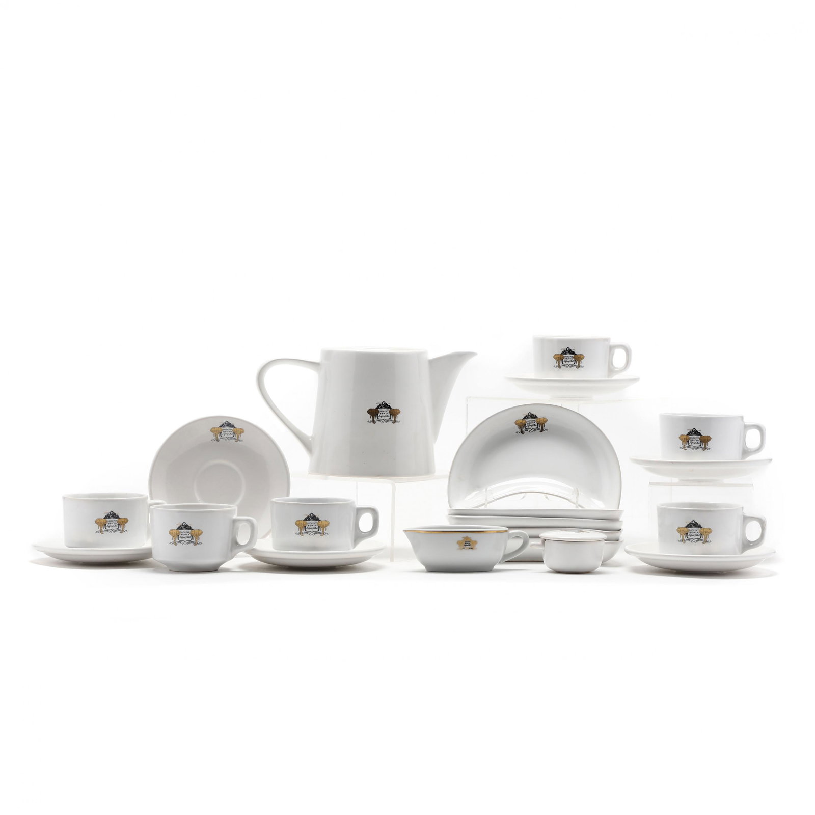 Group of China, Mount Kenya Safari Club: Group of China, Mount Kenya Safari Club Made by Ceramic Industries of East Africa, to include: a coffee pot (lacking lid); a mustard with spoon; a creamer; (4) bone dishes (6 3/4 x 4 in.); (6 ) cups (