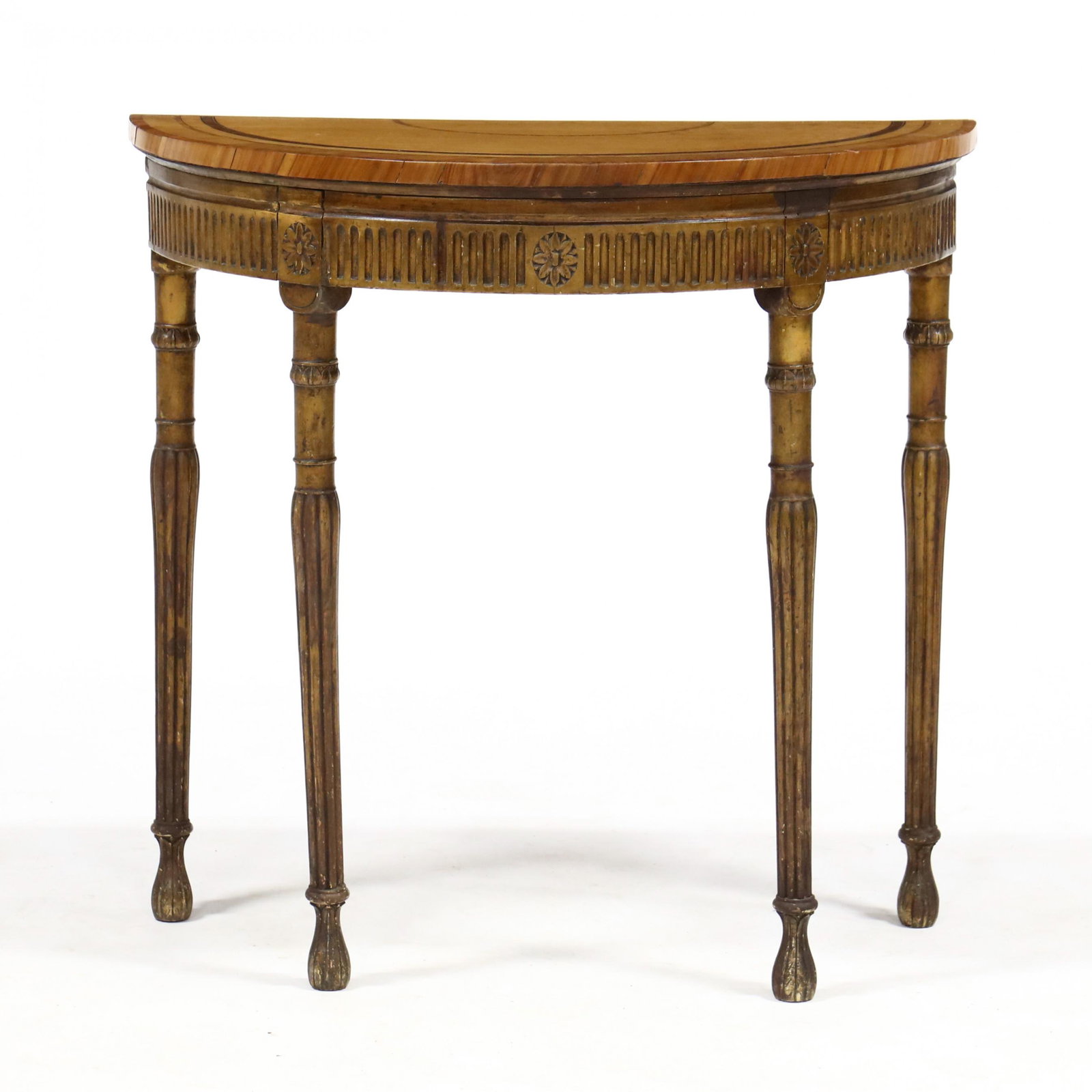 Louis XVI Style Satin Wood and Gilt Diminutive Demilune: Louis XVI Style Satin Wood and Gilt Diminutive Demilune Table mahogany veneer inlays, the satinwood veneered top resting on a gilded base featuring fluting and rosettes at skirt and supported by four 