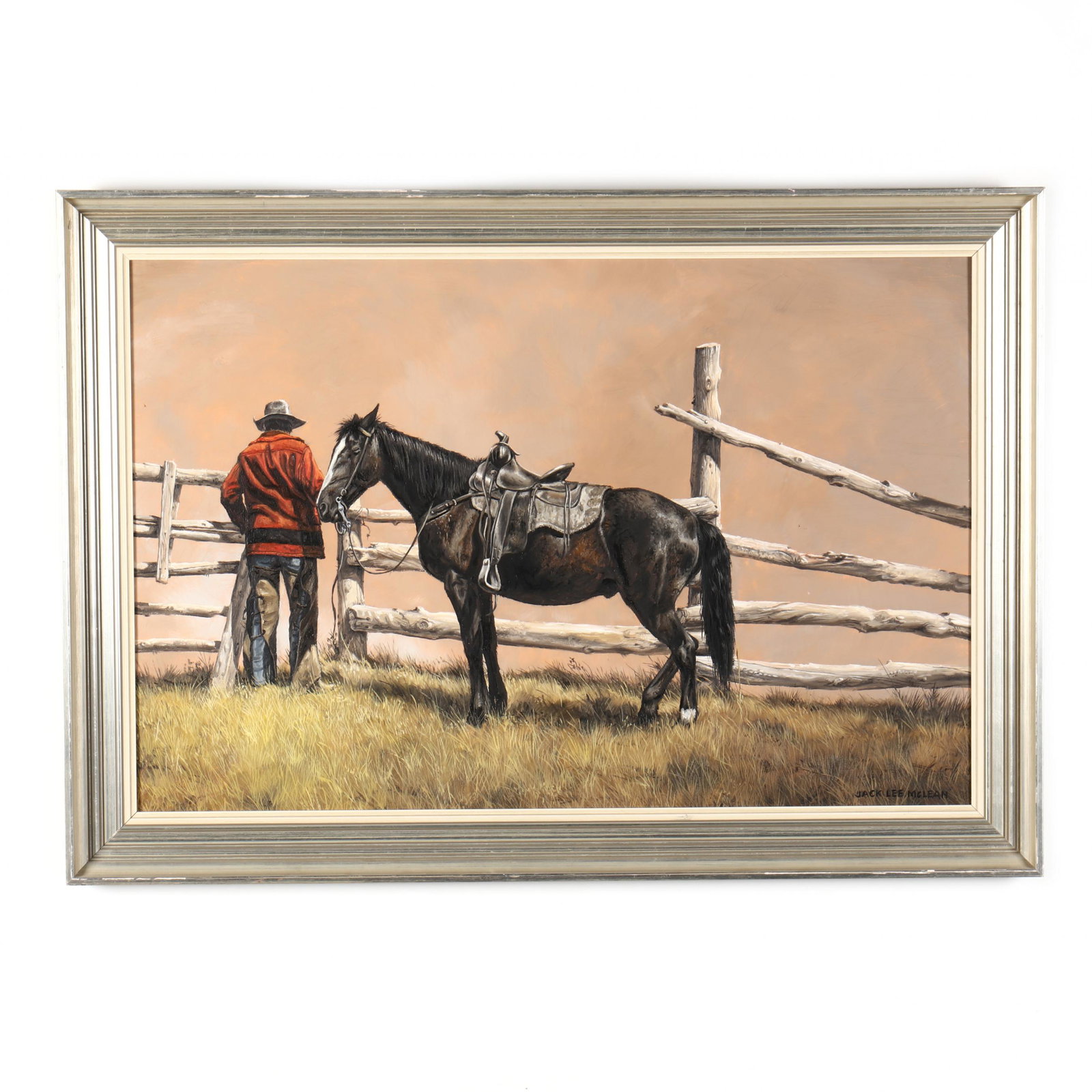 Jack McLean (British Columbia/ID, 1924-2003), Blackie: Jack McLean (British Columbia/ID, 1924-2003), Blackie at the Gate oil on board, signed "Jack Lee Mclean" at lower right, also titled and inscribed to verso, retains gallery label, framed. Sight size 1