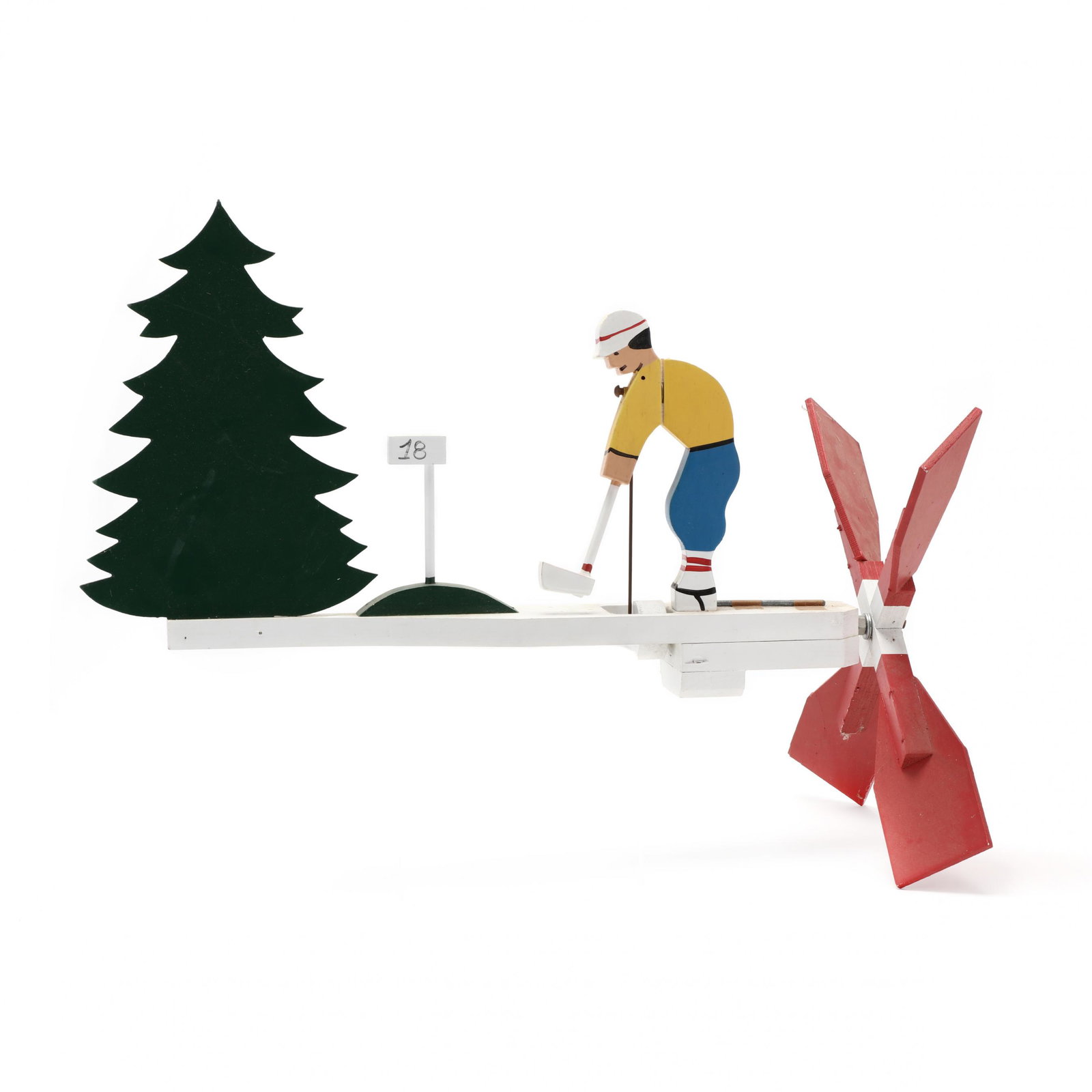 A Cut-Out Wood and Polychrome Whirligig of a Golfer: A Cut-Out Wood and Polychrome Whirligig of a Golfer As the propeller turns the golfer swings his club, signed on the underside. 12 x 22 in. Private Collection, Pinehurst, North Carolina Additional hig
