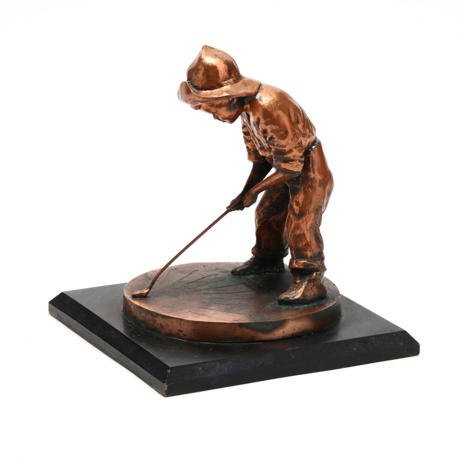 Pinehurst Golf Club Putter Boy Sundial Trophy: Pinehurst Golf Club Putter Boy Sundial Trophy20th century, cast copper hue metal, with engraved inscription "Pinehurst Country Club" to circular sundial, mounted on an ebonized square wood base, Balfo