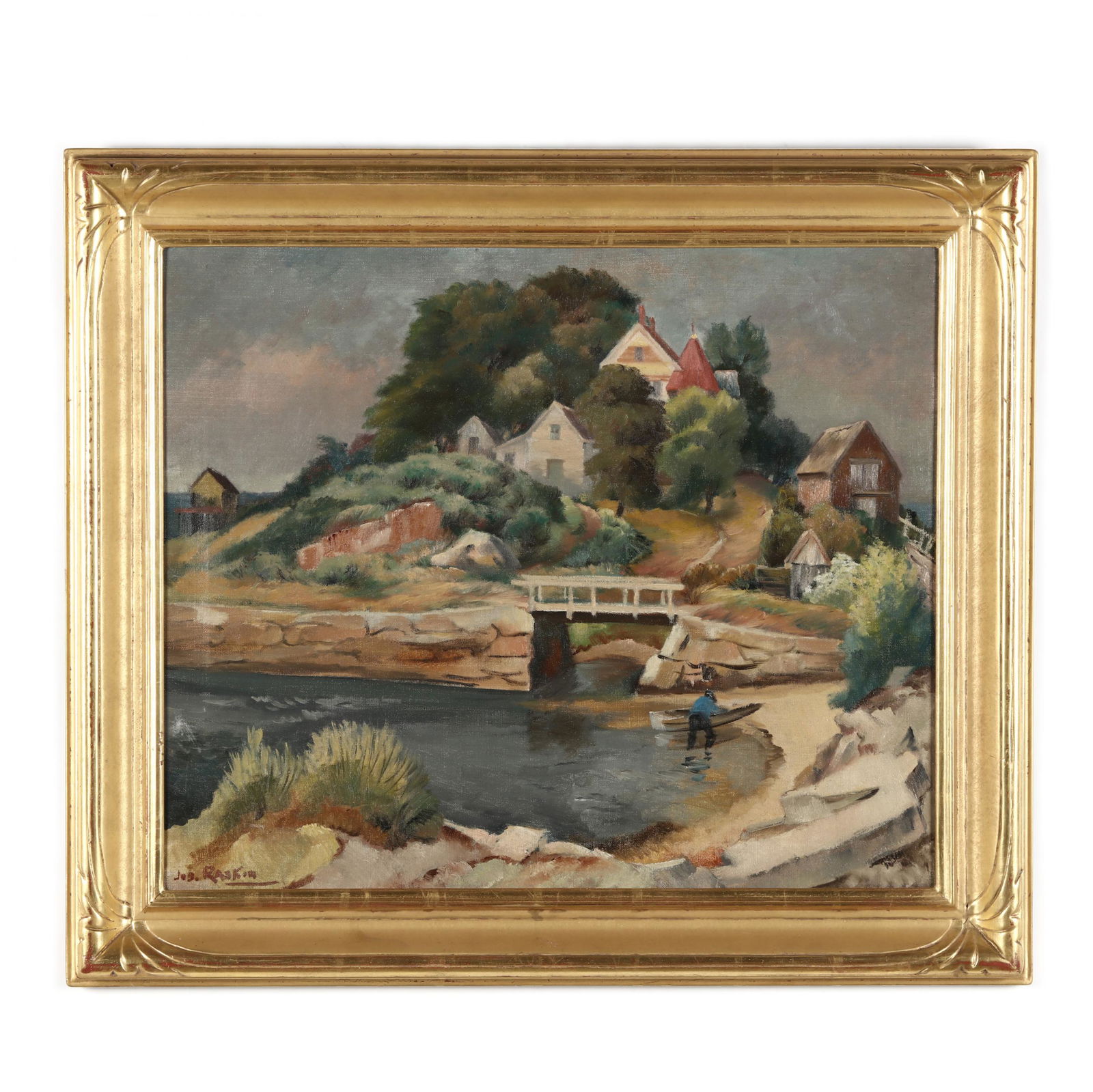 Joseph Raskin (American, 1897-1981), Secluded Cove: Joseph Raskin (American, 1897-1981), Secluded Coveoil on canvas, signed at lower left, presented in an attractive period gilt frame. Frame dimensions 25 3/4 x 29 1/2 in. Born in Russia, Joseph Raskin