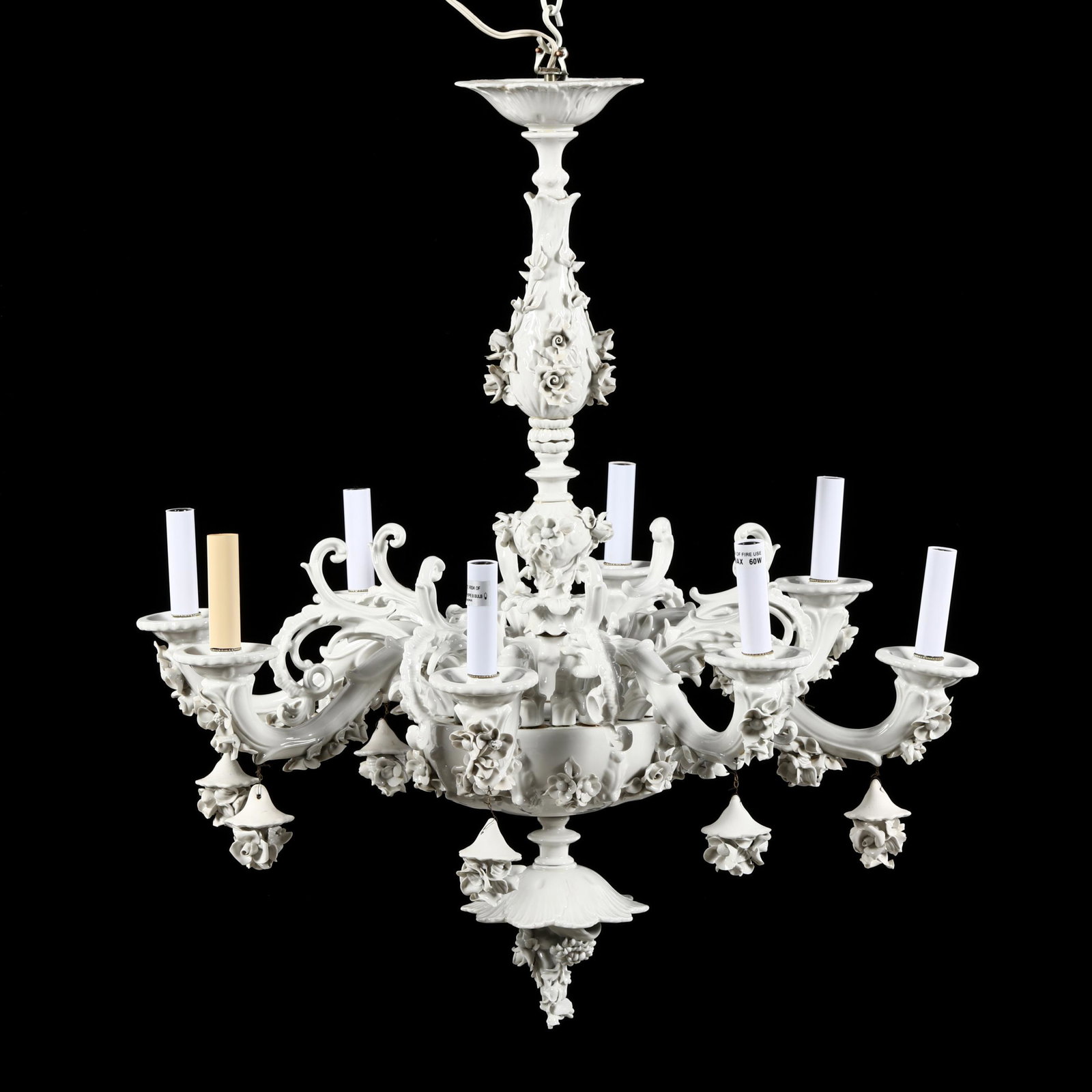 Italian Rococo Style Blanc de Chine Chandelier: Italian Rococo Style Blanc de Chine Chandelier mid 20th century, eight light form with applied flowers and foliate scrolling arms, each lighted arm with 'plug-in' connection to the chandelier, the scr