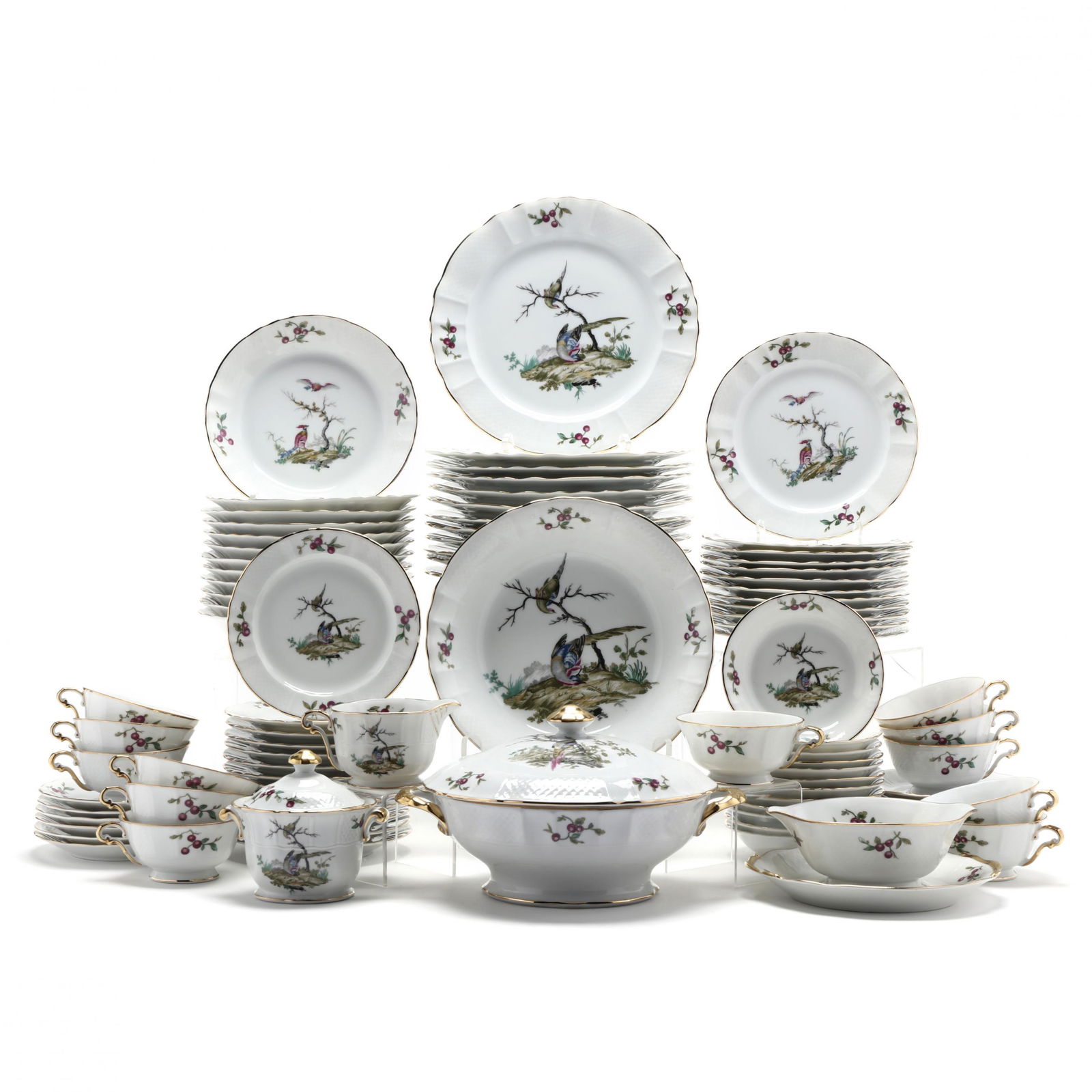 Bernardaud Mennecy Limoges China Dinner Service: Bernardaud Mennecy Limoges China Dinner Service(92) pieces, late 19th-early 20th century, central decoration of birds with cherry cluster border, to include: (12) plates (9 3/4 in.); (12) shallow bowl