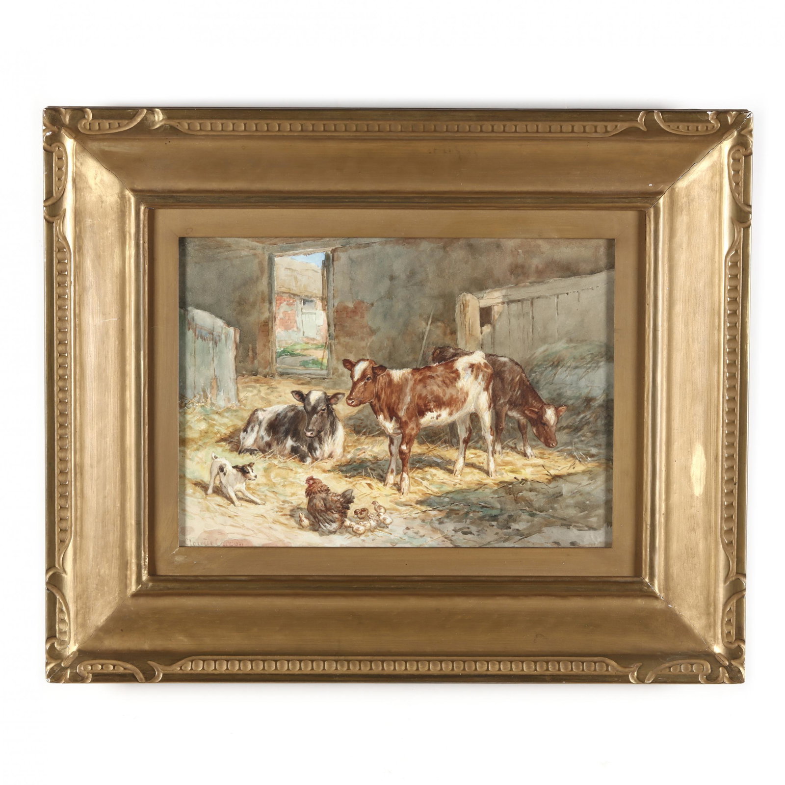 Claude Cardon (English, 1864-1937), Antics in the Barn: Claude Cardon (English, 1864-1937), Antics in the Barn watercolor on paper, signed at lower left, presented under glass in a period carved gilt wood frame. Frame dimensions 19 1/2 x 24 in. Claude Card