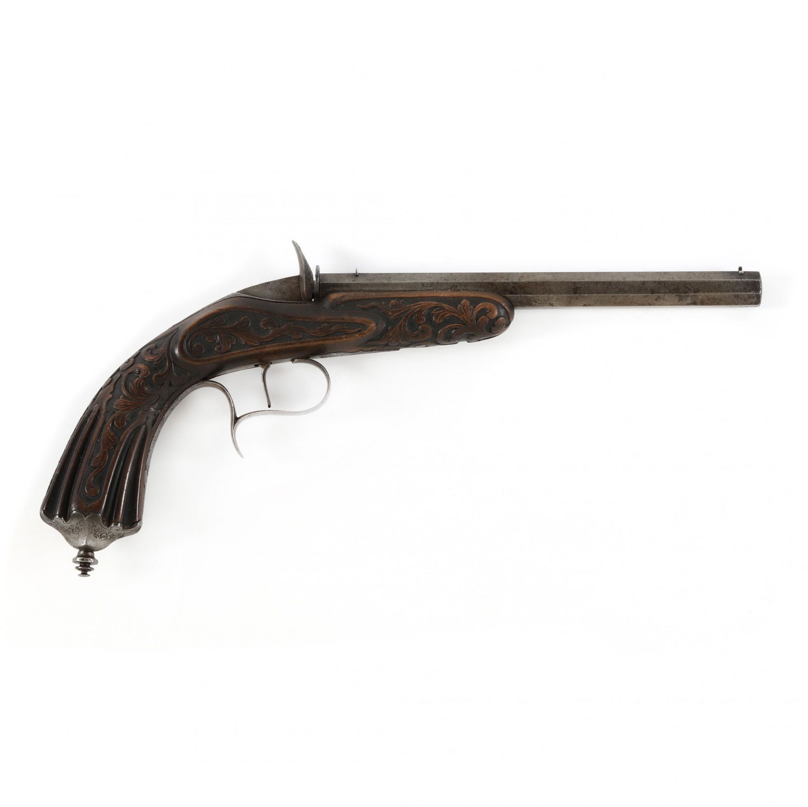 French Flobert Single Shot Breechloading Pistol: French Flobert Single Shot Breechloading Pistollate 19th century, 6mm or .22 caliber, 8-5/8 in. octagonal barrel, the top flat stamped "F n P Brier a Paris," the left flat with proof depicting a lion