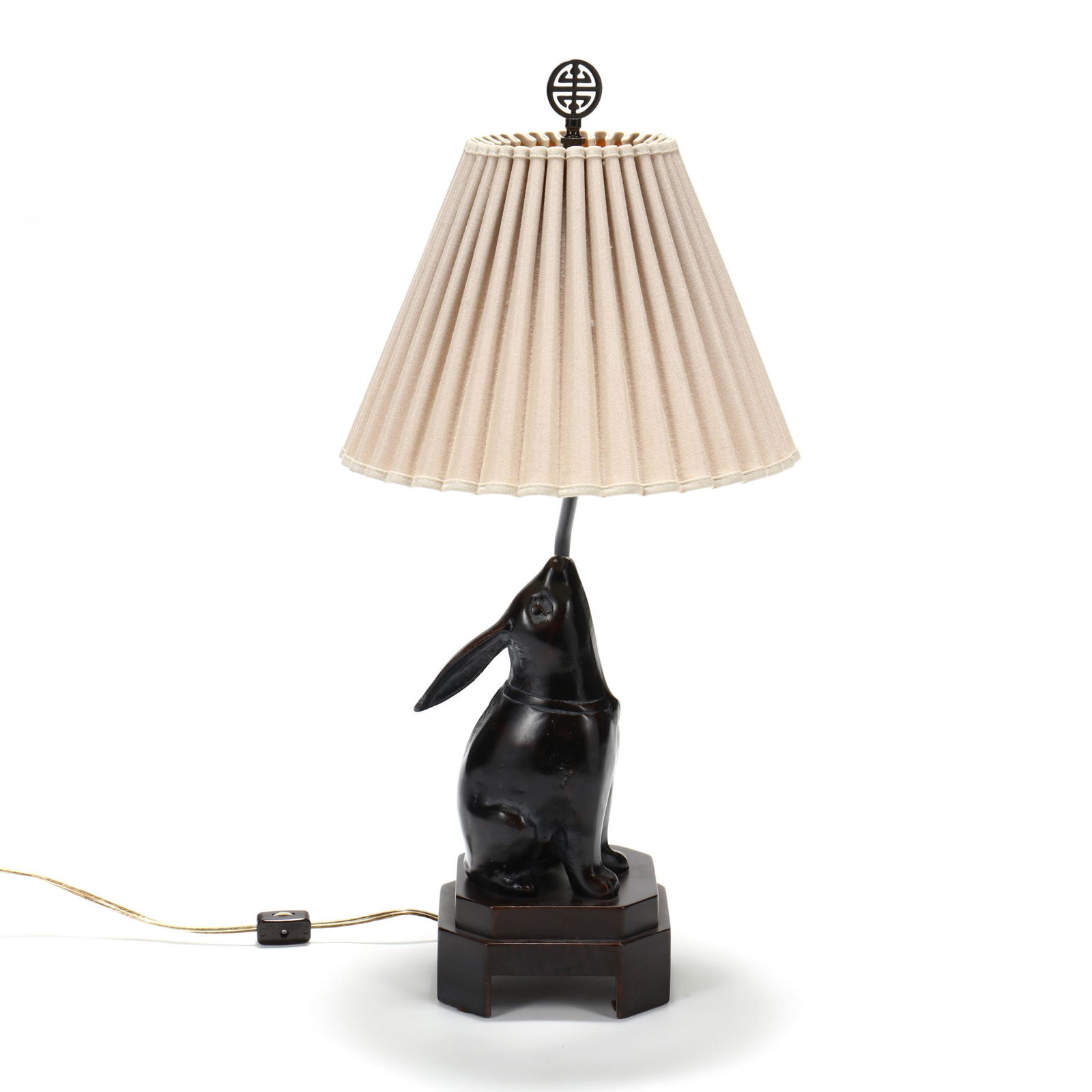 Frederick Cooper, Small Rabbit Table Lamp: Frederick Cooper, Small Rabbit Table Lamplate 20th century, bronze tone painted iron rabbit mounted to a wood base, with a gathered shade and pierced finial. HOA 22 in. Collection of a Southern Lady A