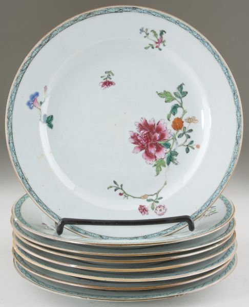 Set of Eight Chinese Export Porcelain Plates: Set of Eight Chinese Export Porcelain Plates 19th century, each hand painted with similar raised enamel floral sprays, delicate gilt diamond design to the border over robin's egg blue band. 9 in. The 