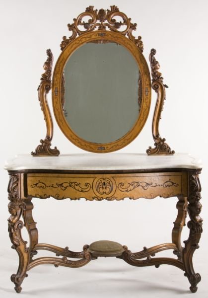 Continental Renaissance Revival Dressing Table: Continental Renaissance Revival Dressing Table ca. 1860, fruitwood and wood veneers with light and dark inlay, having a shaped marble top with a recessed panel surmounted by an adjustable mirror flank