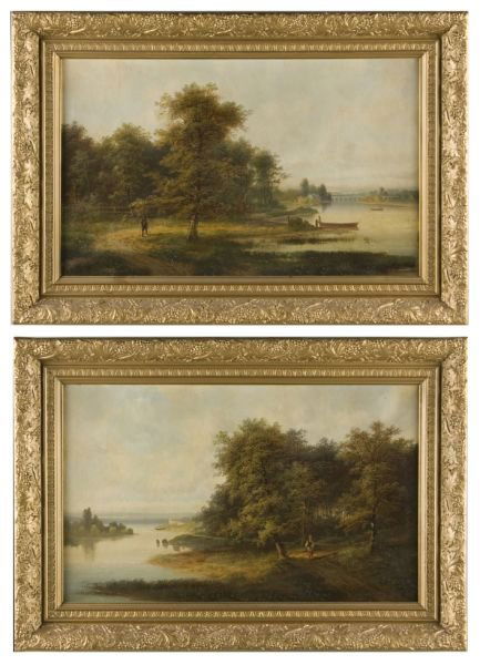 German School (19th c.), Two Landscapes: German School (19th c.), Two Landscapes both are oil on canvas, unsigned, the first depicting a view along the Elbe, the second depicting a view along the Donau, both paintings retain paper labels on