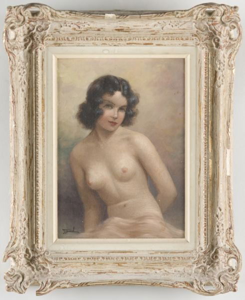 Jean Jannel (French, b. 1894), "Nude": Jean Jannel (French, b. 1894), "Nude" oil on board, signed lower left "J Jannel," in original painted wood and gesso frame having gallery label en verso from Harry F. Marks Galleries and Bookshop of N