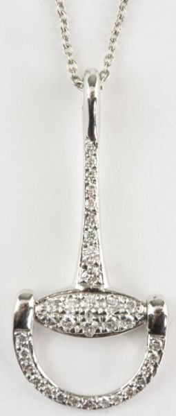 18KT White Gold and Diamond Pendant, Roberto Coin: 18KT White Gold and Diamond Pendant, Roberto Coin in the form of a stirrup, set with 34 round brilliant cut diamonds (G-H color, VS clarity), diamond weight .26 ct., fully signed and set with trademar