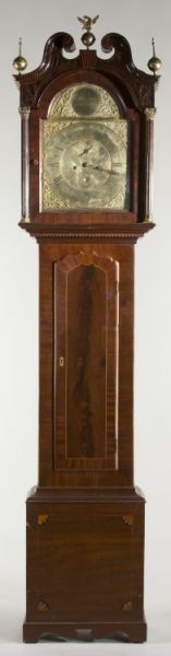 Scottish Tall Case Clock, early 19th century: Scottish Tall Case Clock, early 19th century mahogany and mahogany veneers, brass face plate with plaque engraved "Alex Mitchel Gordals Glasgow," the plaque flanked by relief dolphins, with second han