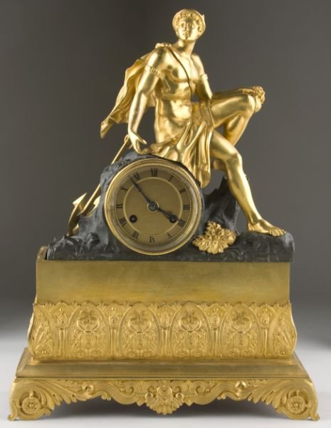 French Empire Ormolu Figural Mantel Clock: French Empire Ormolu Figural Mantel Clock 19th century, unsigned, time and strike, brass movement, depicts a gilt Hermes seated on a white metal crag, the whole mounted to a heavily gilt base embellis