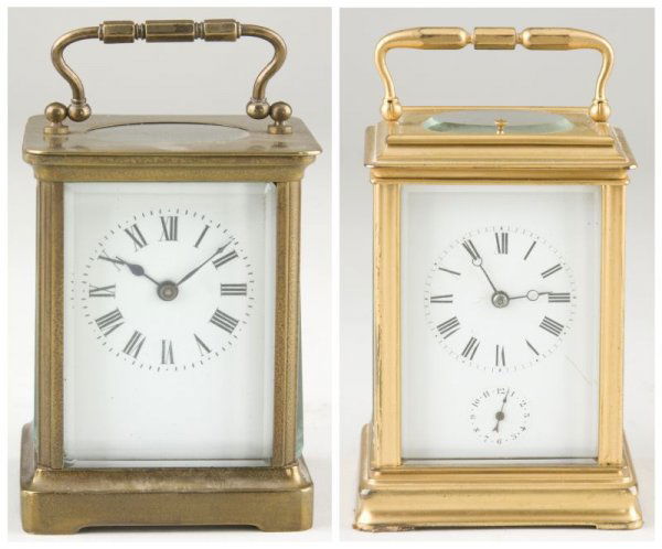 Two Early 20th Century Carriage Clocks: Two Early 20th Century Carriage Clocks both with brass frames and key-wound movement; beveled glass front, back and sides; the smaller clock with original key and red leather carrying case. 5.5 and 4.
