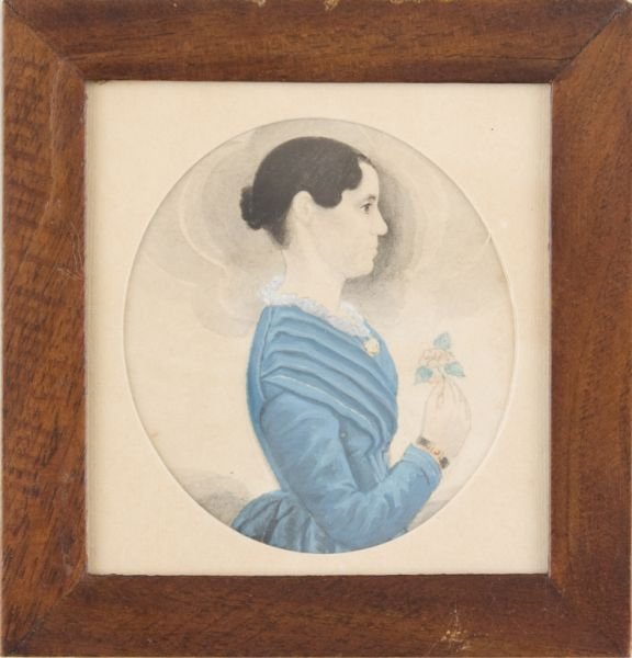 James S. Ellsworth (New England, 1802-1873): James S. Ellsworth (New England, 1802-1873) watercolor on thin pink paper on heavier paper, identified sitter Olive Jane Kingsley, daughter of Wareham Kingsley and Olive Jane Avery Kingsley. An itiner