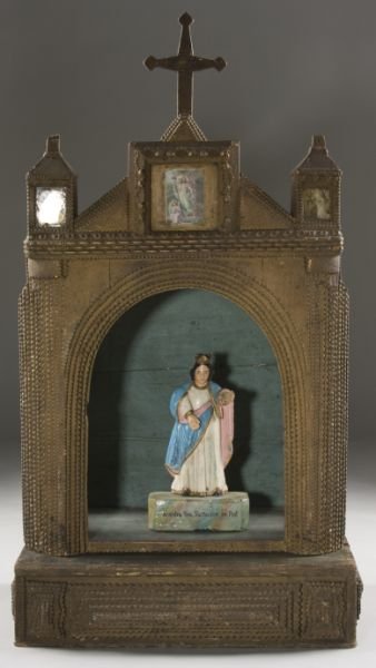 Tramp Art Christian Shrine and Santos: Tramp Art Christian Shrine and Santos circa 1900, wood and gesso two-piece construction with an open arched front, glass panels on sides, three small color lithographs behind glass on the facade. Incl