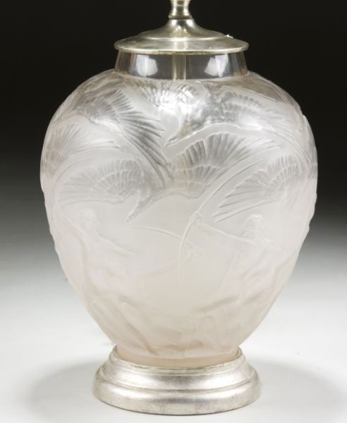 Lalique "Archers" Vase as a Lamp: Lalique "Archers" Vase as a Lamp 1920s-30s, bulbous form molded in clear and frosted glass with nude archers in relief, etched "R. Lalique France," drilled at the bottom to accommodate wiring for a ta