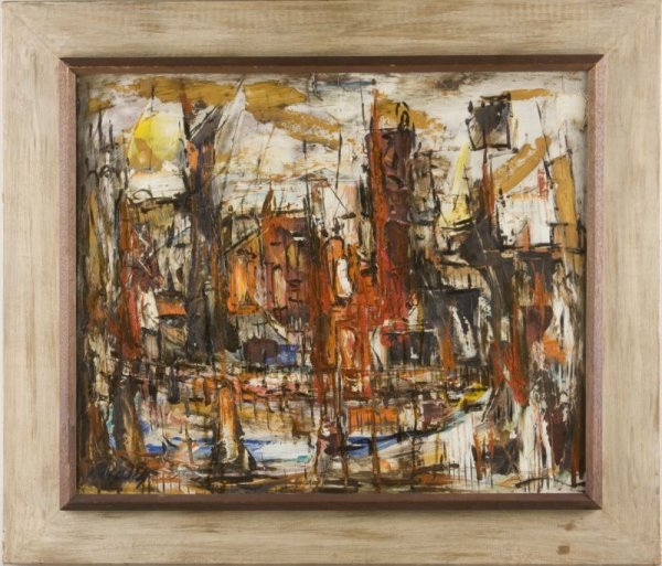 Richard Dempsey (D.C., 1909-1987), Cartegena: Richard Dempsey (D.C., 1909-1987), Cartegena oil on masonite, signed at lower left and on the verso "Dempsey," retaining an old paper label from the Franz Bader Gallery of Washington, D.C. on the vers