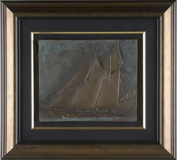 Bill Mack (MN., b. 1949) Sailboat: Bill Mack (MN., b. 1949) Sailboat bonded bronze relief sculpture, signed in upper left, numbered 84/195 in upper right. Mounted in likely original frame. SS 10 x 11.75 in.; DOA 19.25 x 21.25 in.