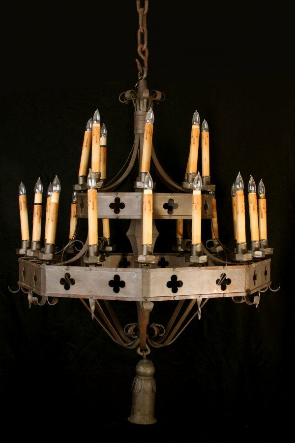Roycroft Chandelier of Grand Proportion: Roycroft Chandelier of Grand Proportion circa 1930, original to Hubbard Hill of East Aurora, New York (home of Elbert Hubbard II), where it hung as the focal point of the Great Room with its high vaul