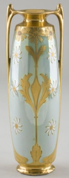 Pickard Art Deco Porcelain Vase: Pickard Art Deco Porcelain Vase early 20th century, tall cylindrical form with raised gilt decoration and hand painted blossoms, the bottom with Pickard mark and remnants of old paper label, signed wi
